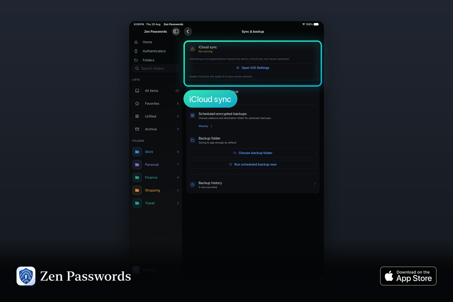 Zen Passwords sync and backup settings showing iCloud sync off and encrypted export option with ciphertext note