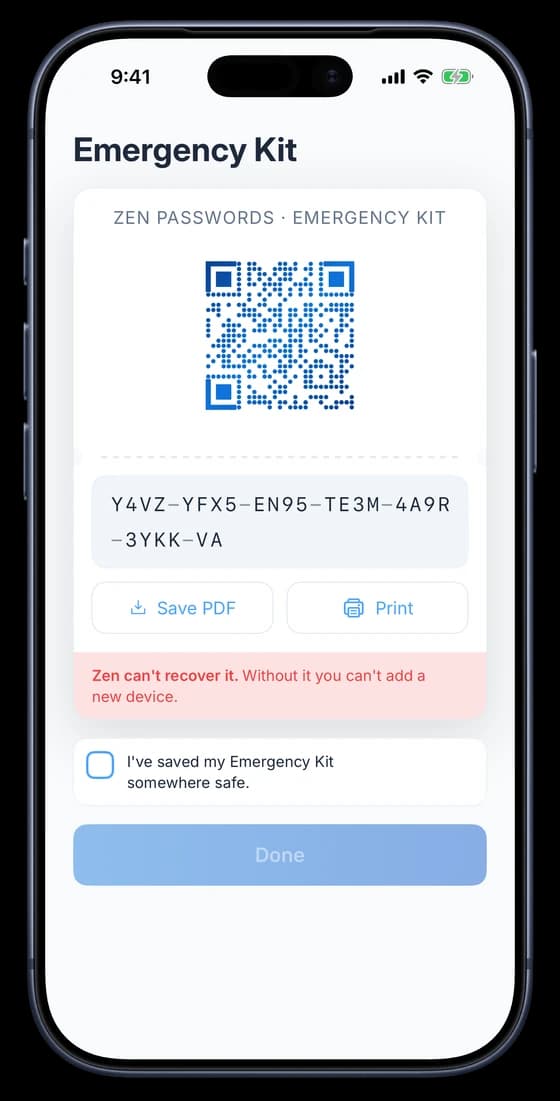 The Emergency Kit screen in Zen Passwords, showing a QR code and the Secret Key in blocks, with save and print buttons.