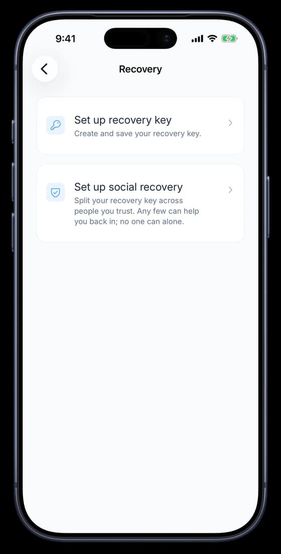 The Recovery screen in Zen Passwords settings on iPhone, offering set up recovery key and set up social recovery.