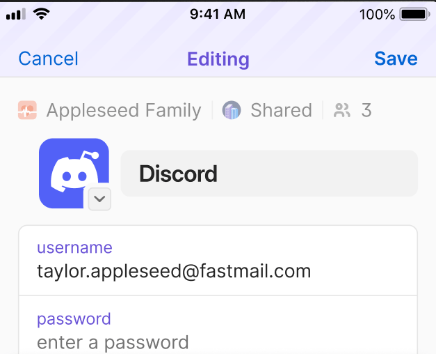 A 1Password item showing it belongs to the Appleseed Family vault, shared with three people.