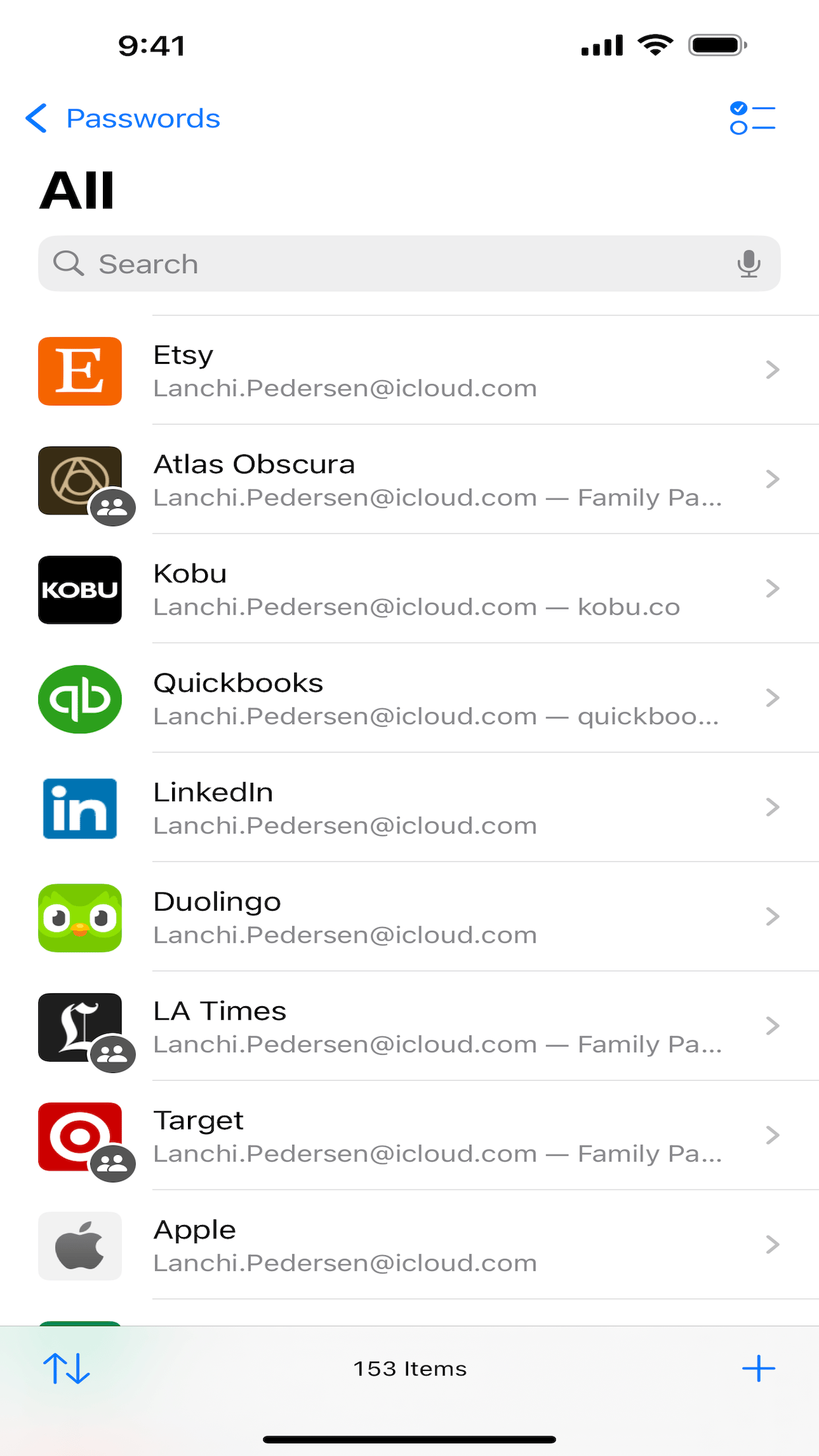 Apple’s Passwords app showing a list of 153 saved website logins.