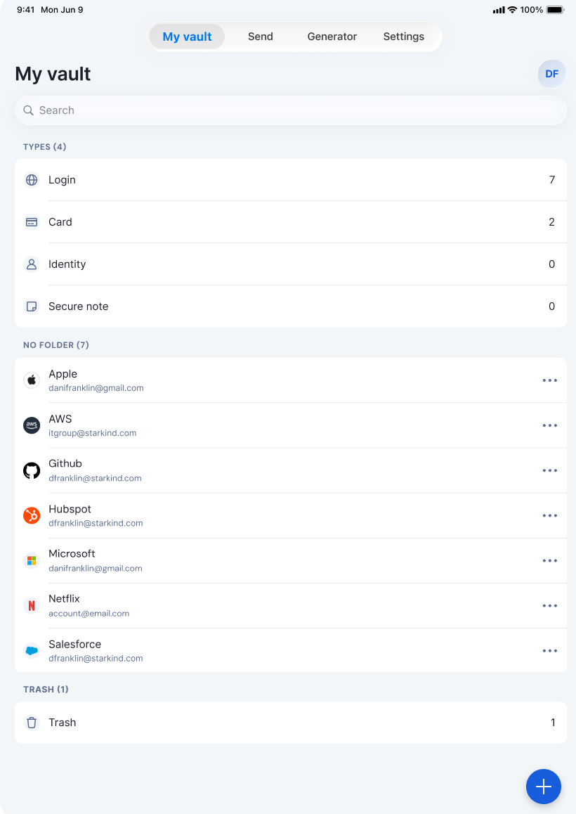 The Bitwarden vault showing four item types: Login, Card, Identity and Secure note.