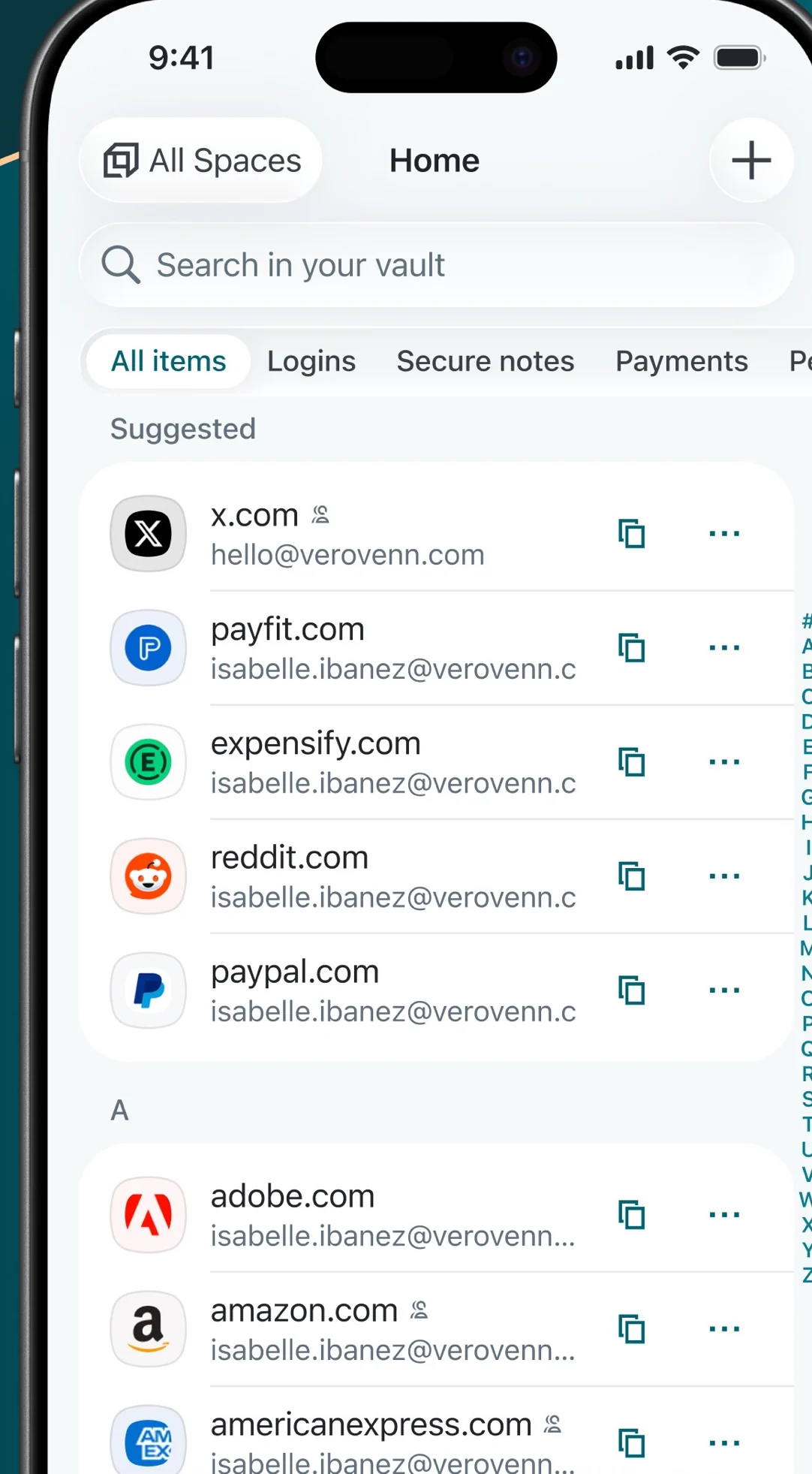 The Dashlane vault list, from Dashlane’s own App Store screenshots.