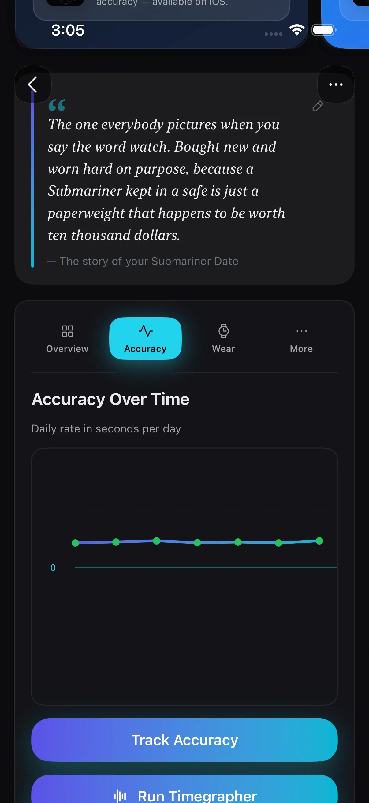 Zen Horology on iPhone: accuracy over time, plotting the daily rate in seconds per day against zero, with buttons to log a new reading or run the timegrapher