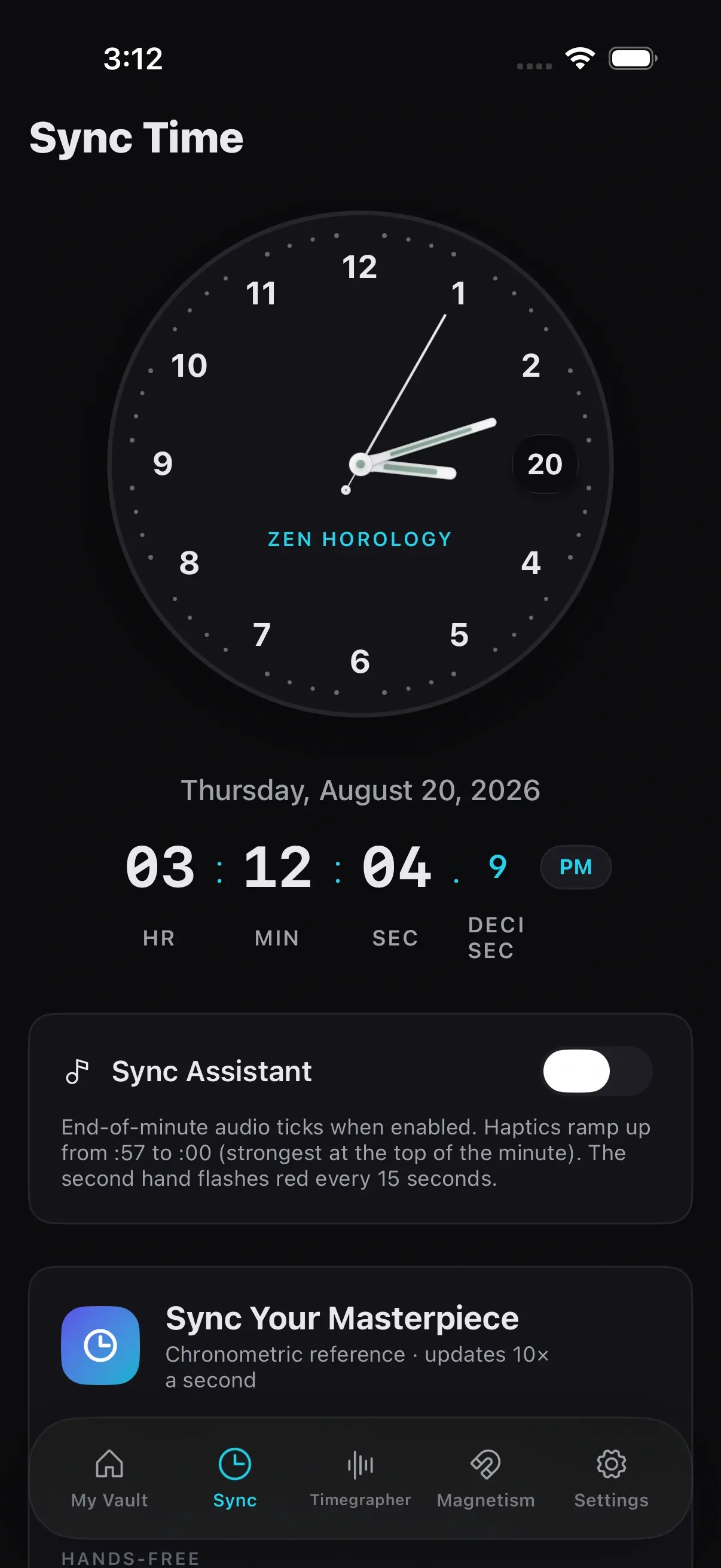 Zen Horology on iPhone: the reference clock, a chronometer dial reading to a tenth of a second, with a sync assistant that ticks and buzzes harder as the minute closes so you can set a watch without looking