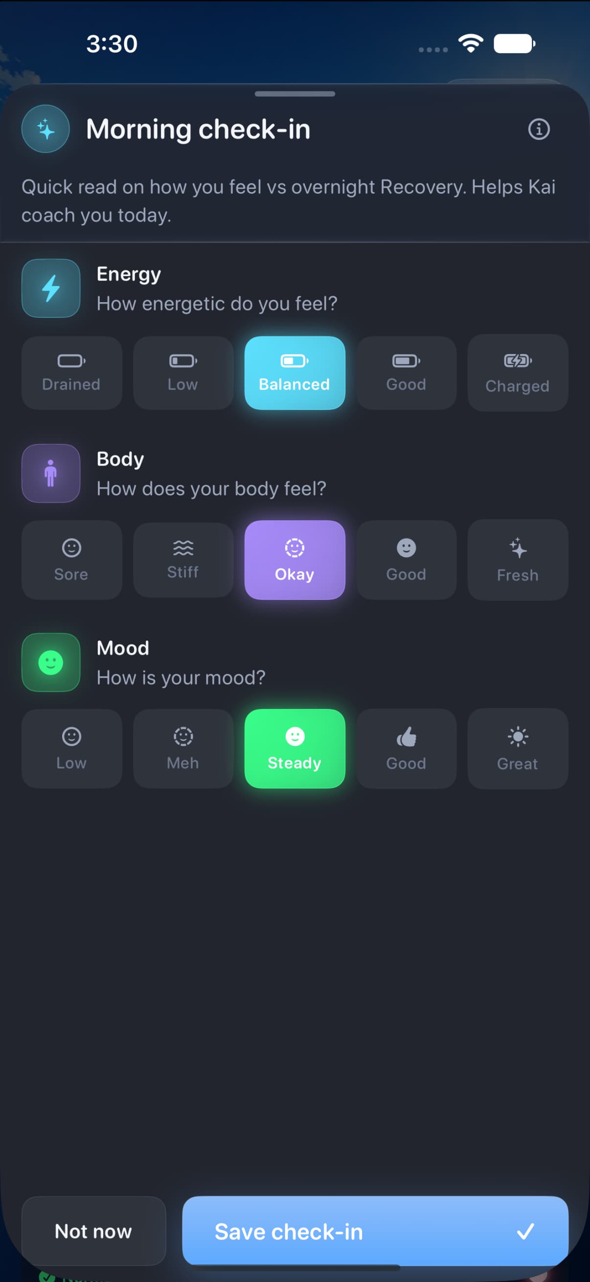 Zen LeanTracker on iPhone: the morning check-in, rating energy, body and mood on five point scales before the day starts