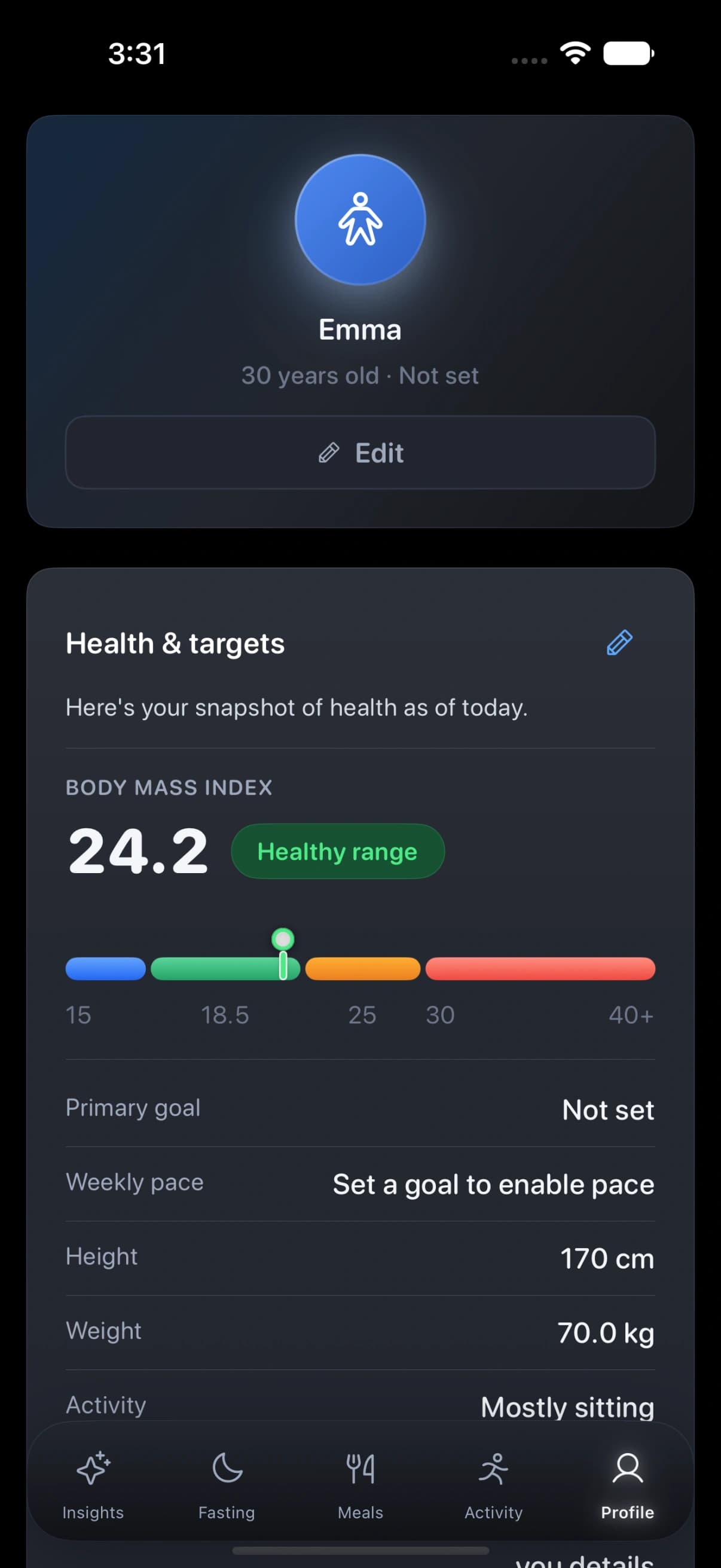 Zen LeanTracker on iPhone: the profile, with body mass index in the healthy range, height and weight, and the goals those targets are shaped by