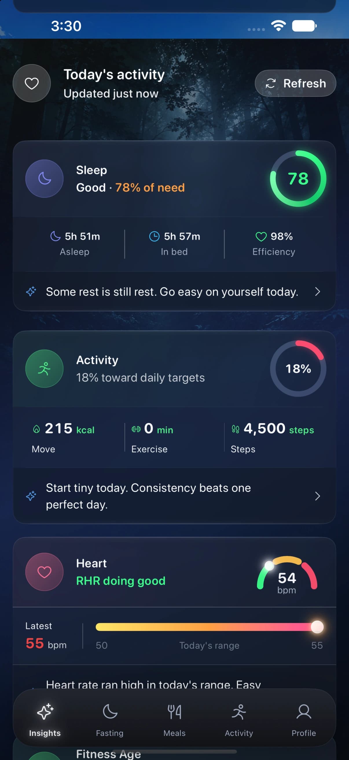 Zen LeanTracker on iPhone: today at a glance, sleep scored 78 with time asleep and efficiency, activity at 18 per cent of target, and resting heart rate