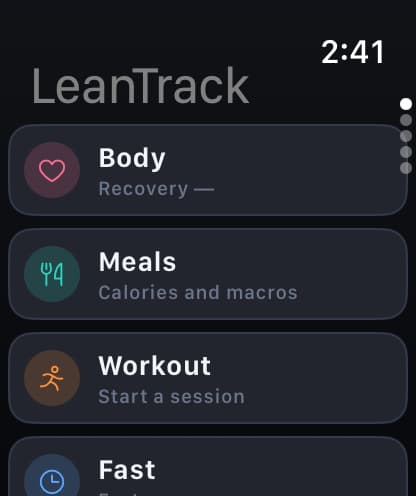Zen LeanTracker on Apple Watch: the watch app, with body and recovery, meals with calories and macros, starting a workout, and the current fast