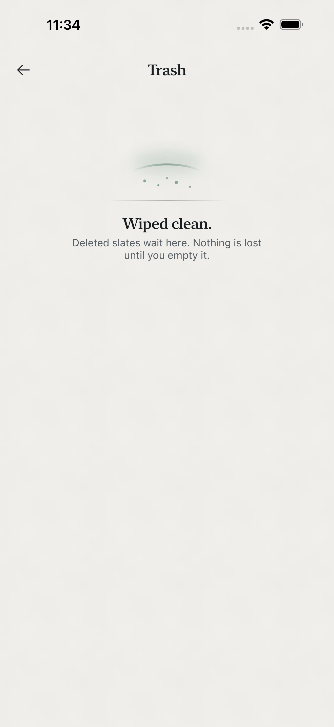 Zen Slate on iPhone: an empty trash, with a note that deleted slates wait here until you empty it