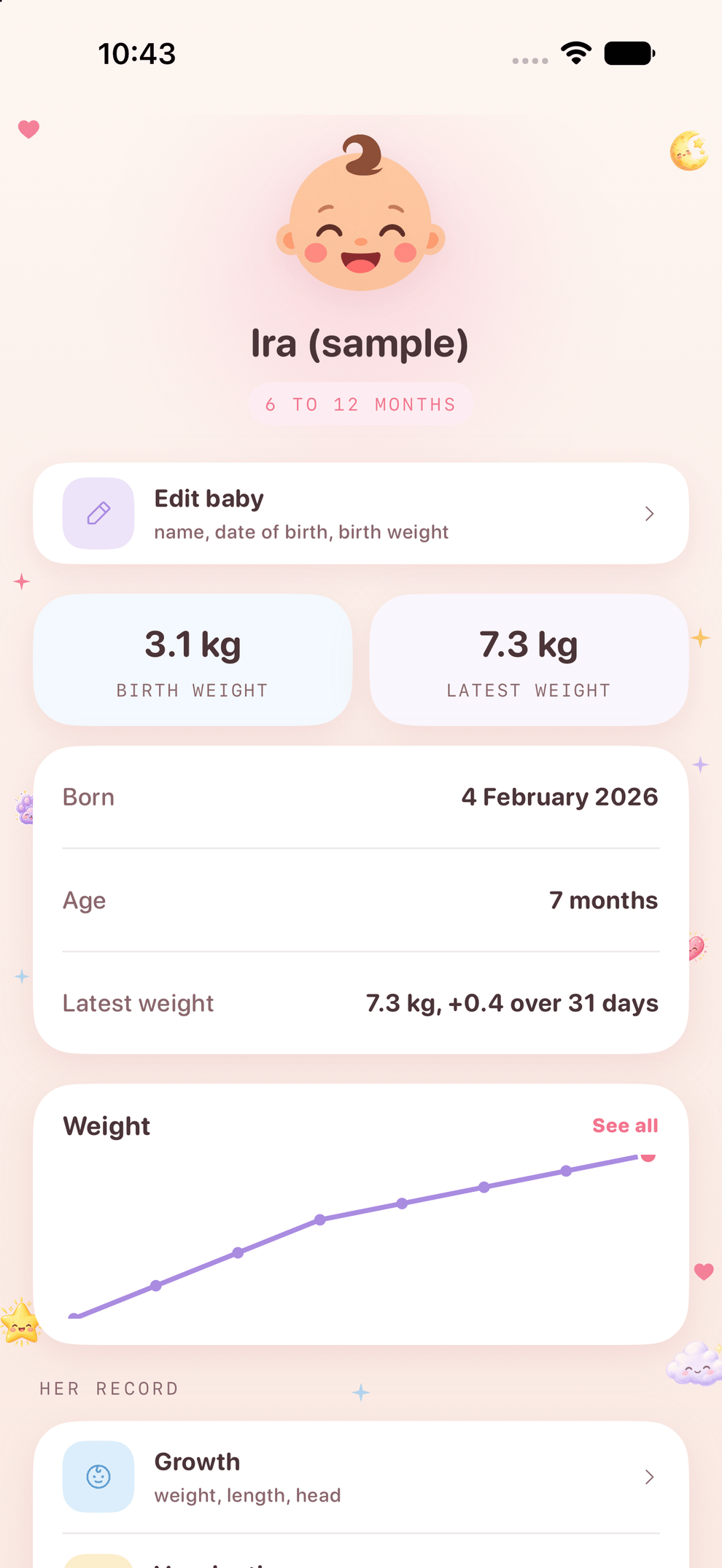 Zen Otto on iPhone: the baby profile with date of birth, age, birth weight and latest weight, and sections for photos, vaccinations, weight, solids and allergens