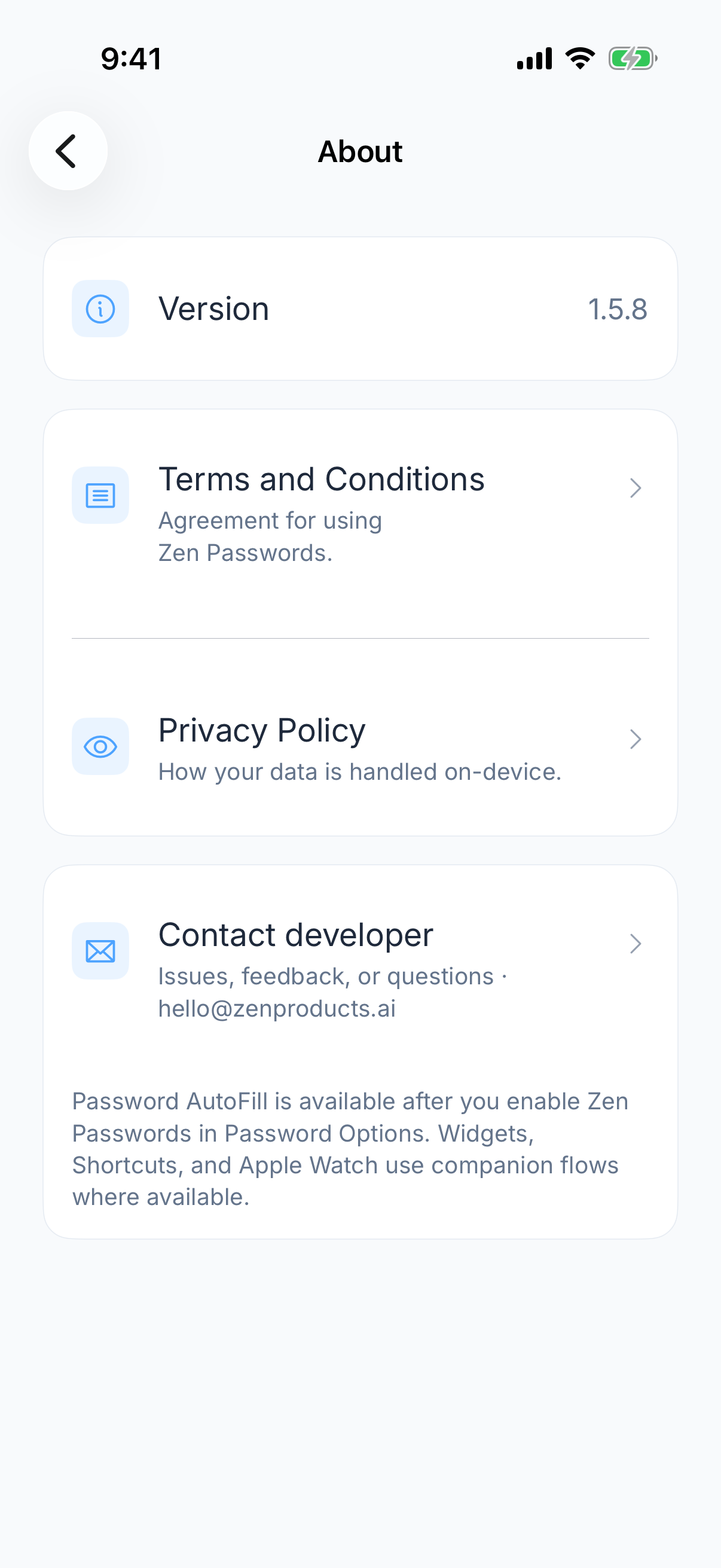 Zen Passwords on iPhone: the about page, showing the version, terms, privacy policy and a way to contact the developer