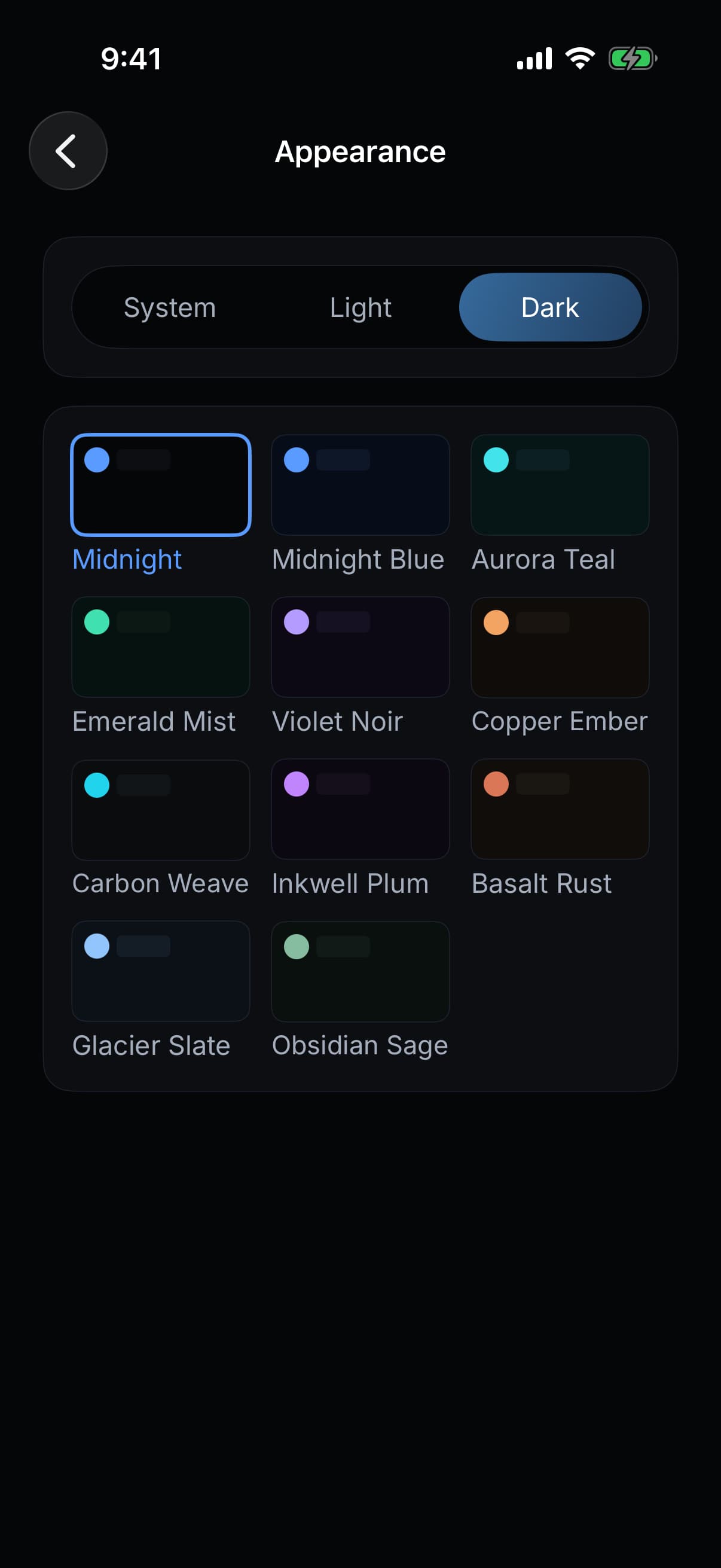 Zen Passwords on iPhone: appearance set to dark, with eleven dark themes including Midnight, Aurora Teal and Obsidian Sage