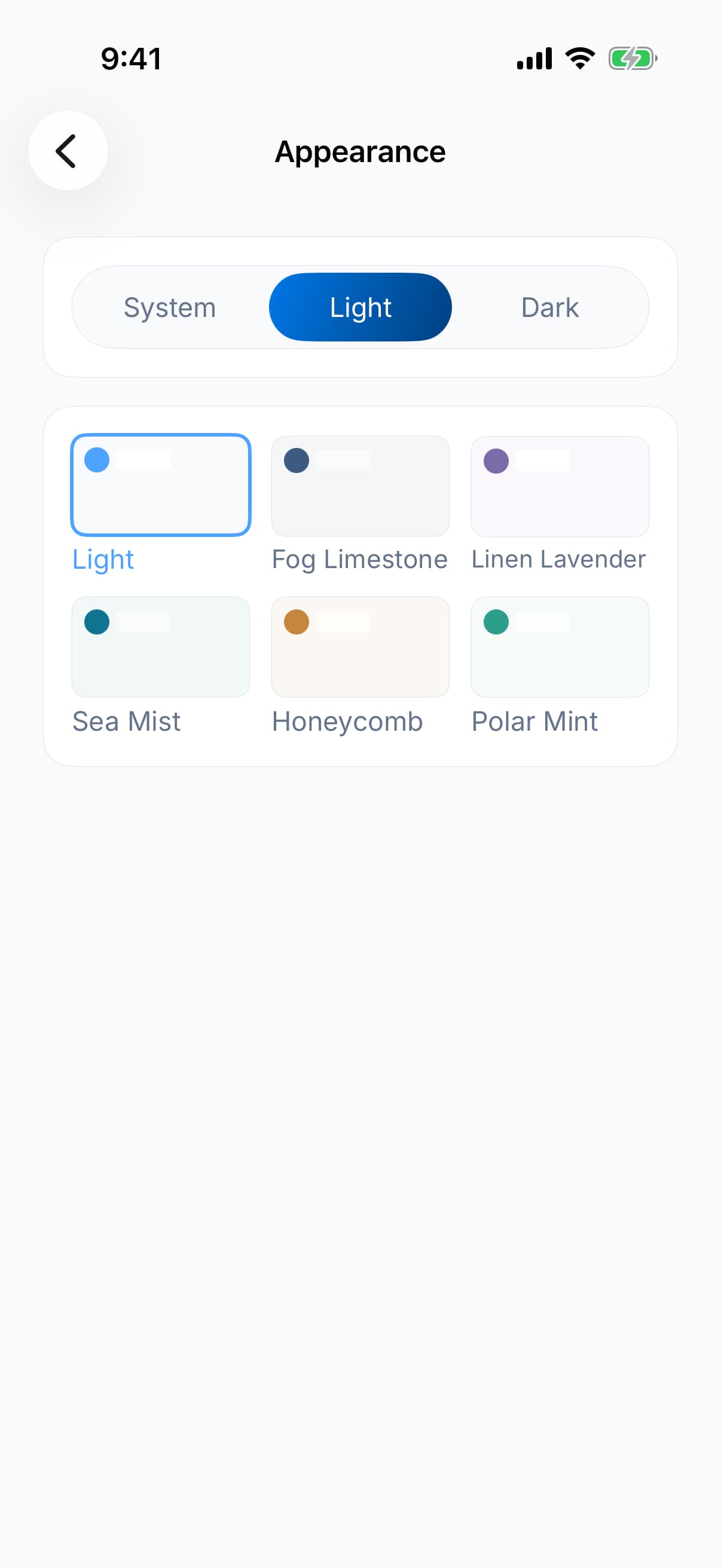Zen Passwords on iPhone: appearance set to light, with six light themes to choose from