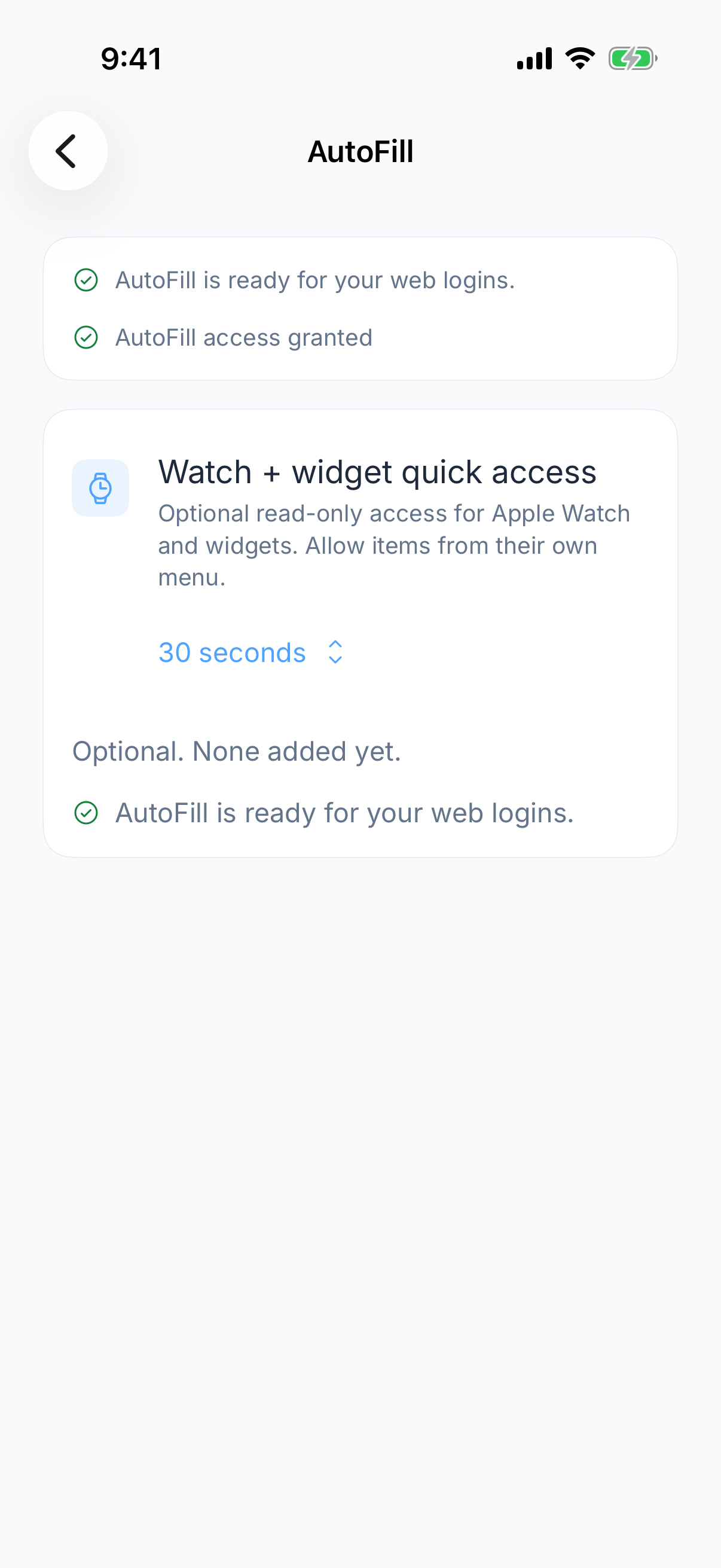 Zen Passwords on iPhone: AutoFill settings, confirming it is ready for web logins and access is granted, with optional read-only access for an Apple Watch and widgets