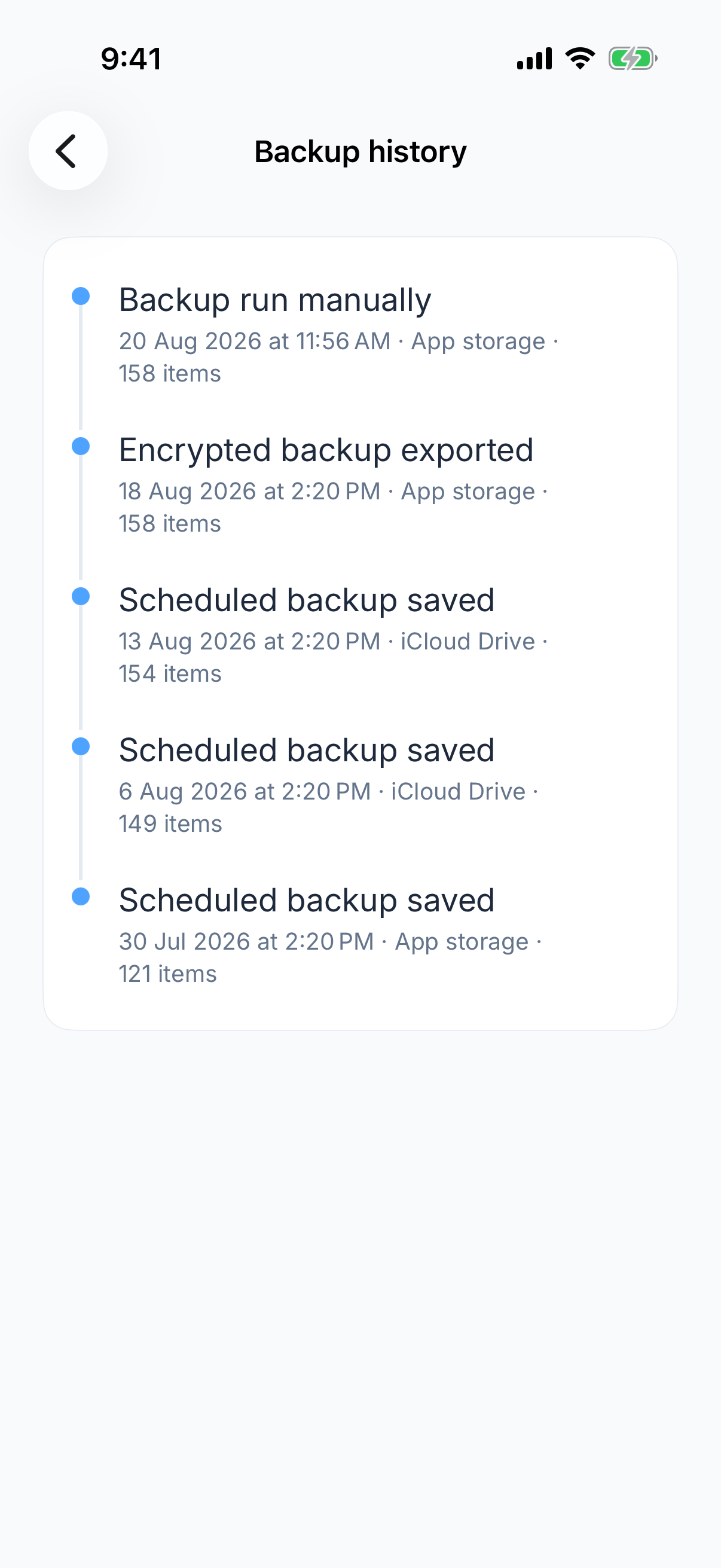 Zen Passwords on iPhone: backup history, listing manual and scheduled encrypted backups by date, destination and item count