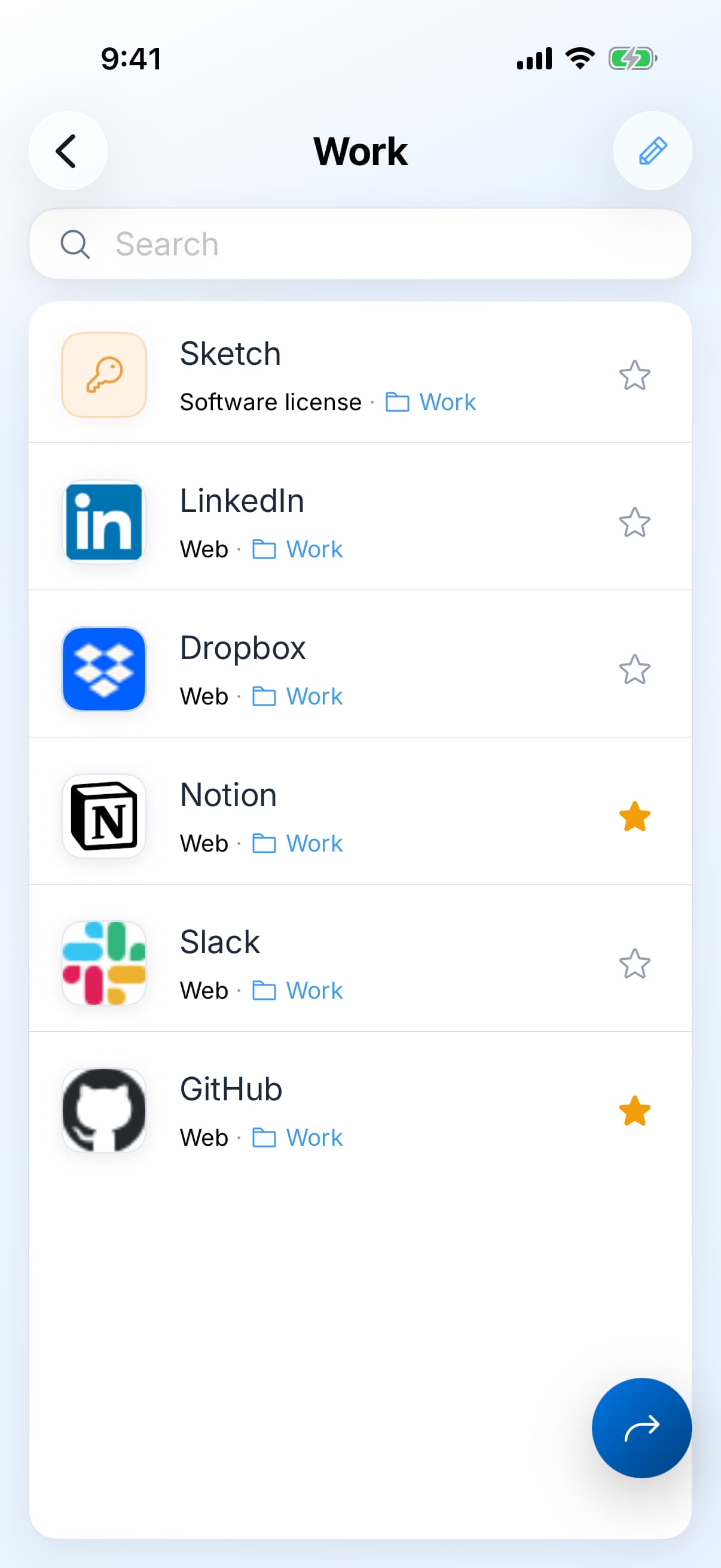 Zen Passwords on iPhone: the Work folder, holding the six logins and licences filed under it