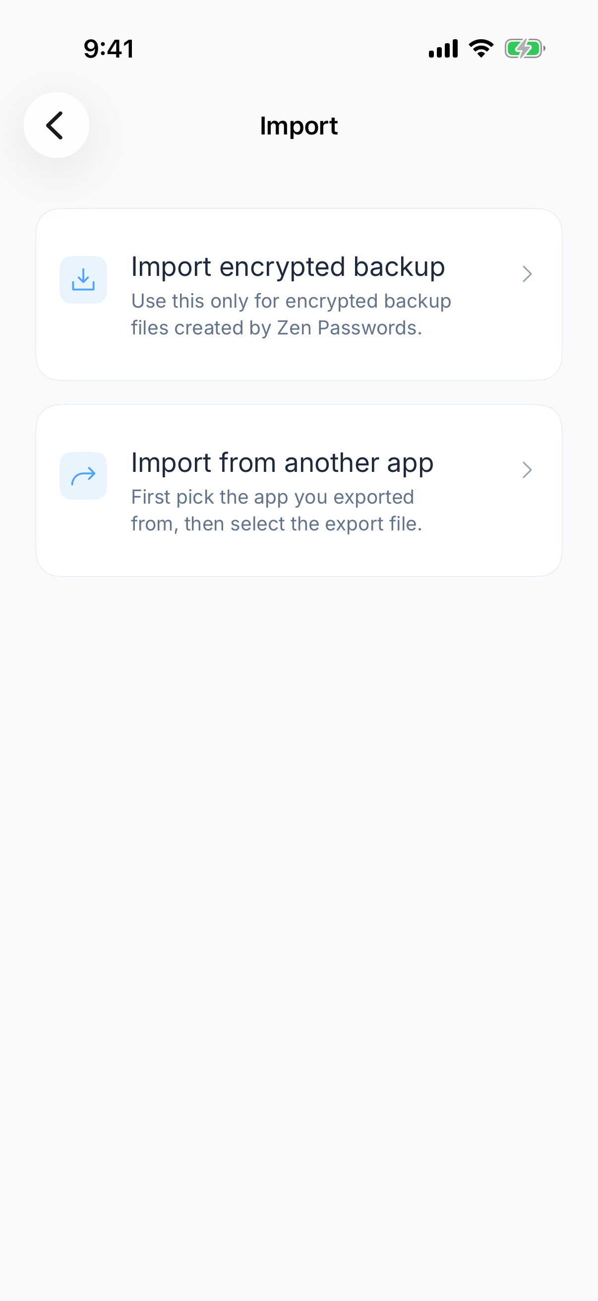 Zen Passwords on iPhone: import, either from an encrypted backup made by Zen Passwords or from a file exported by another app