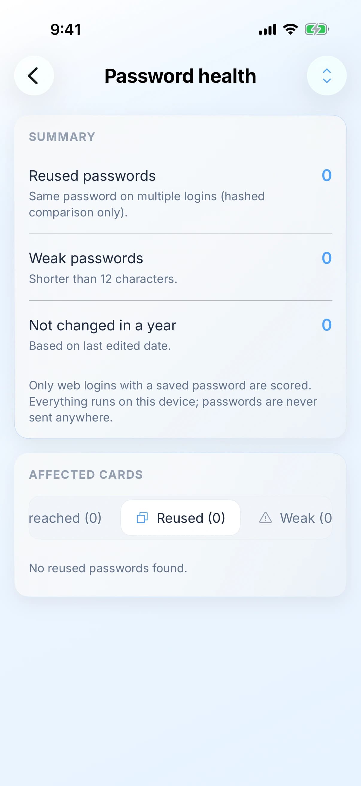 Zen Passwords on iPhone: password health, counting reused passwords, weak passwords and any not changed in a year, with a note that every check runs on the device