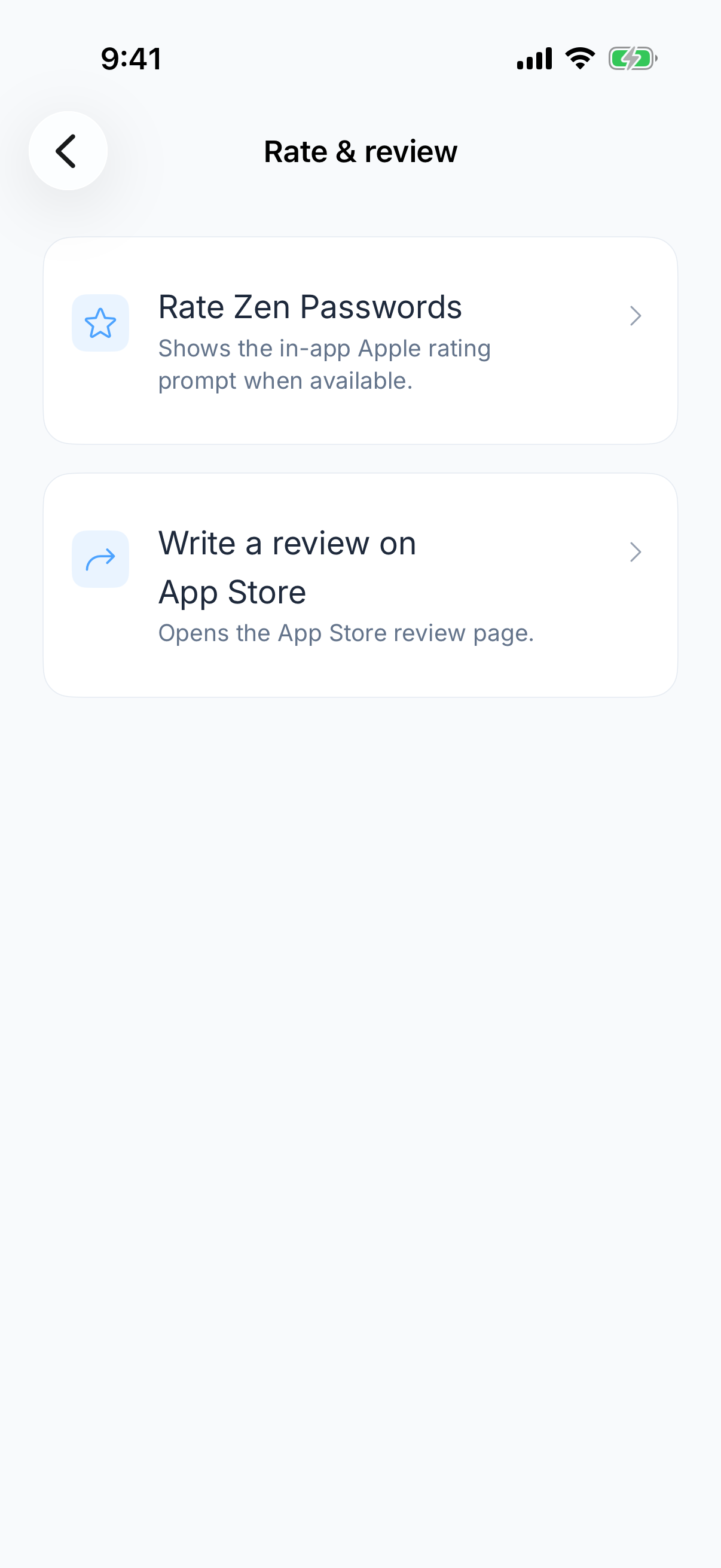 Zen Passwords on iPhone: the rate and review page, linking to the in-app rating prompt and the App Store review page
