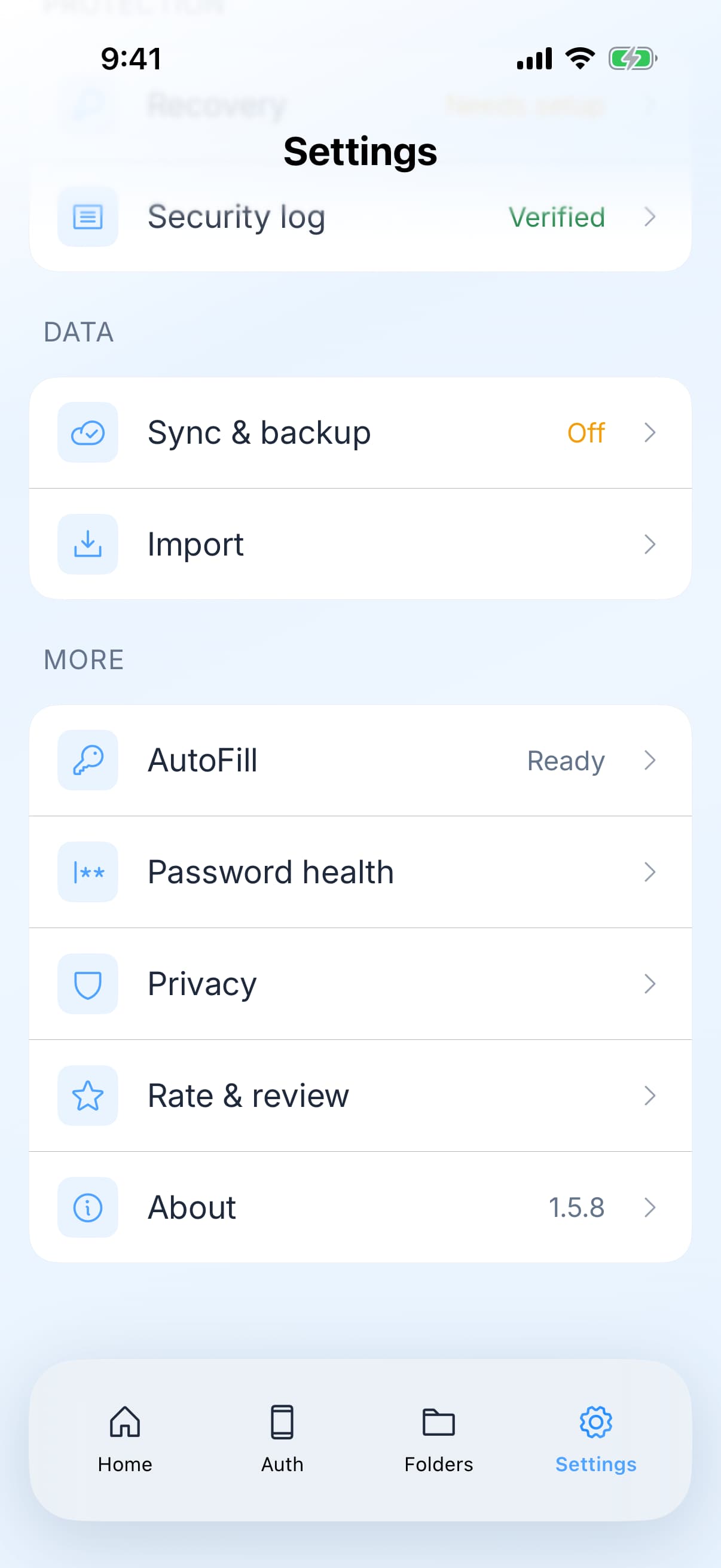 Zen Passwords on iPhone: the rest of settings, with the security log verified, sync off, and entries for AutoFill, password health and privacy