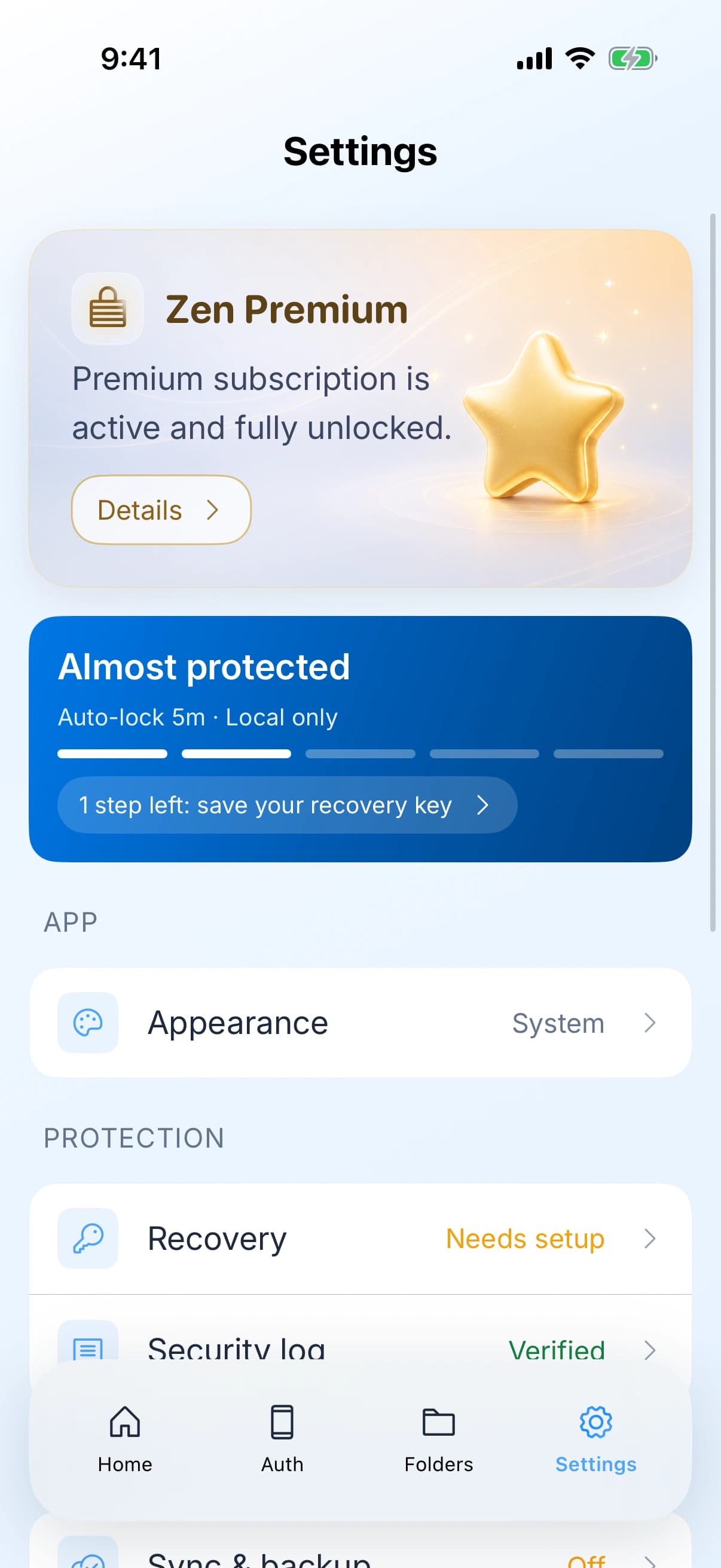 Zen Passwords on iPhone: settings, showing the subscription active, the vault local only with a five minute auto-lock, and one step left to save a recovery key