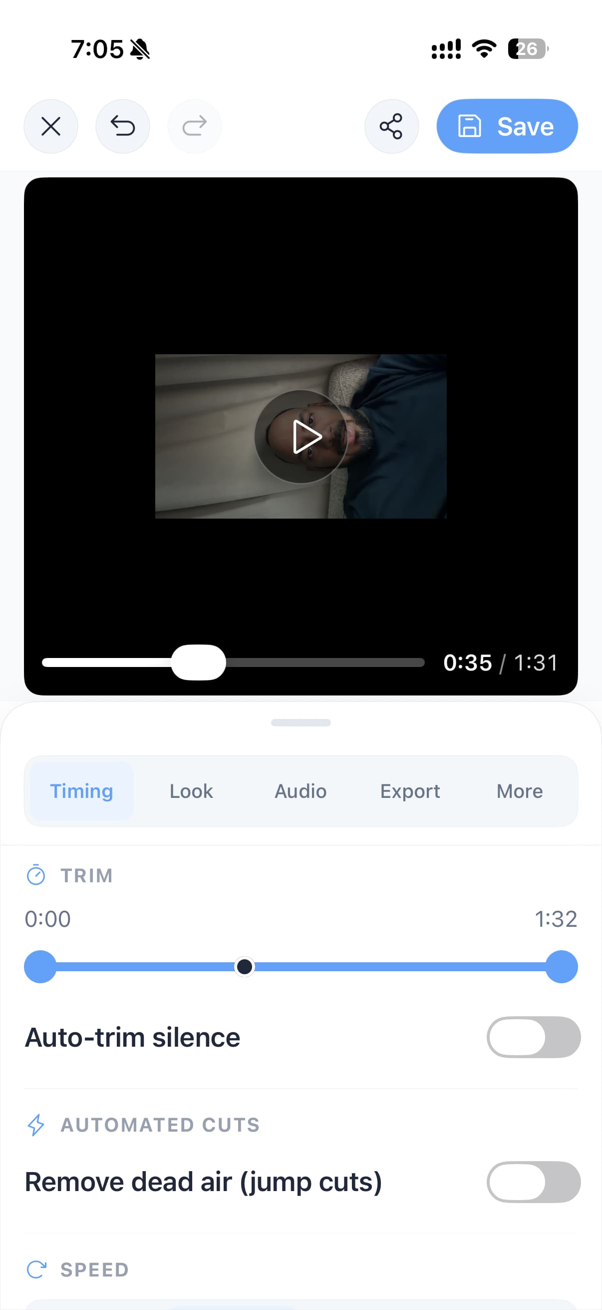 Zen Teleprompter on iPhone: editing a take, trimming the clip, removing dead air with automatic jump cuts, and adjusting speed