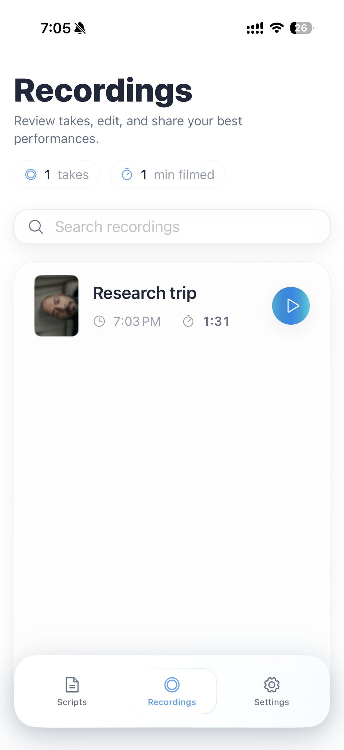 Zen Teleprompter on iPhone: the recordings library, one take of one minute, listed with its length and time