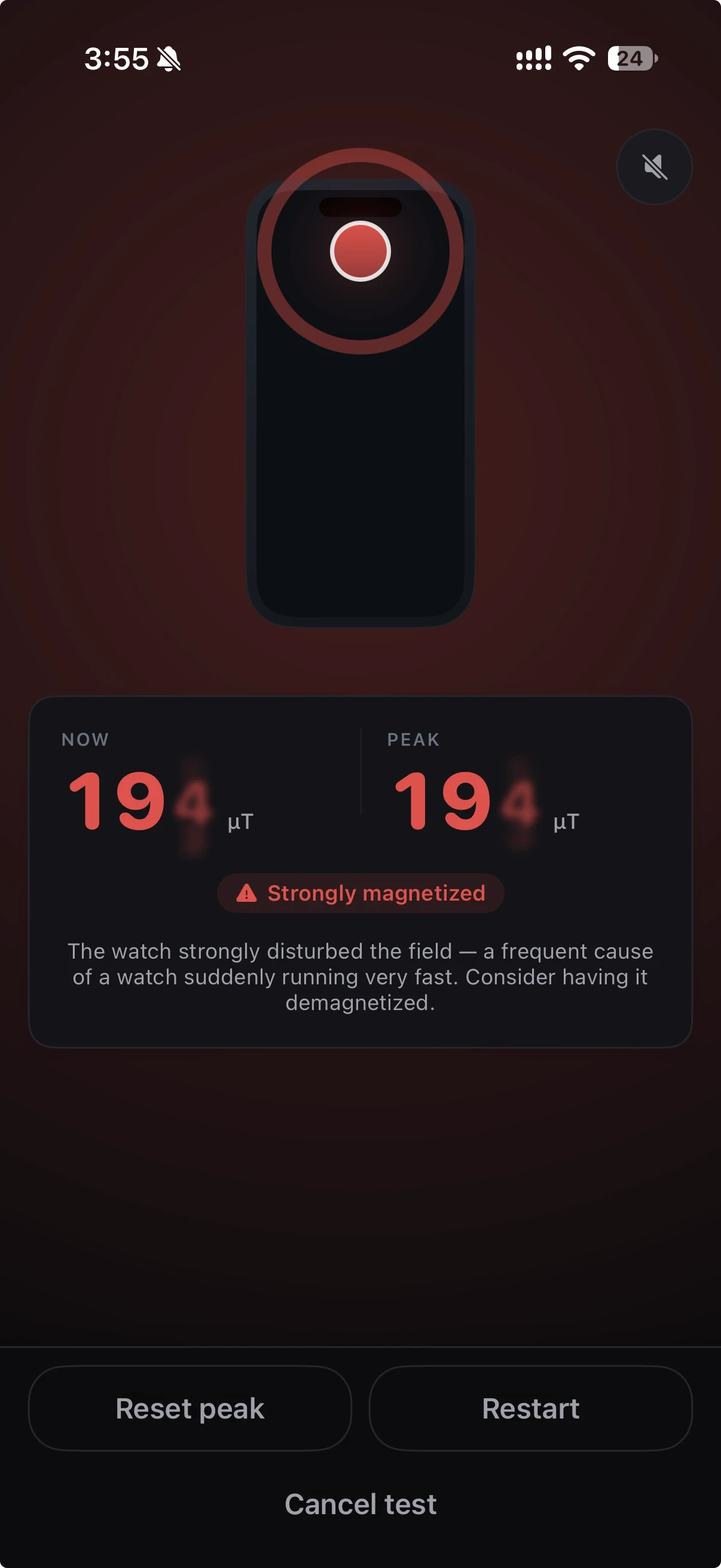 Zen Horology on iPhone: the magnetism test, reading 194 microtesla and warning that the watch is strongly magnetized, with a note that this is a frequent cause of a watch suddenly running very fast and a suggestion to have it demagnetized