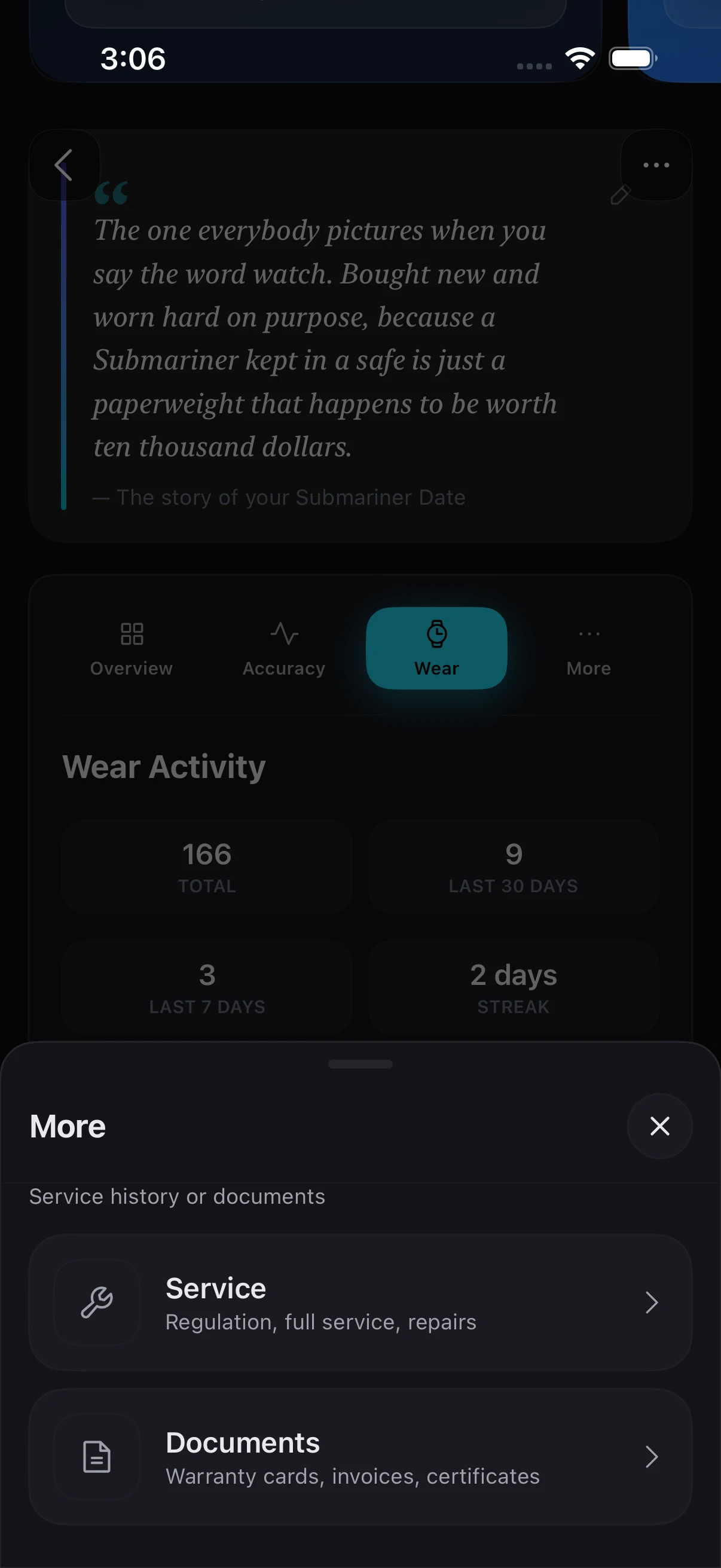 Zen Horology on iPhone: the more menu for a watch, holding service history for regulation, full services and repairs, and documents for warranty cards, invoices and certificates