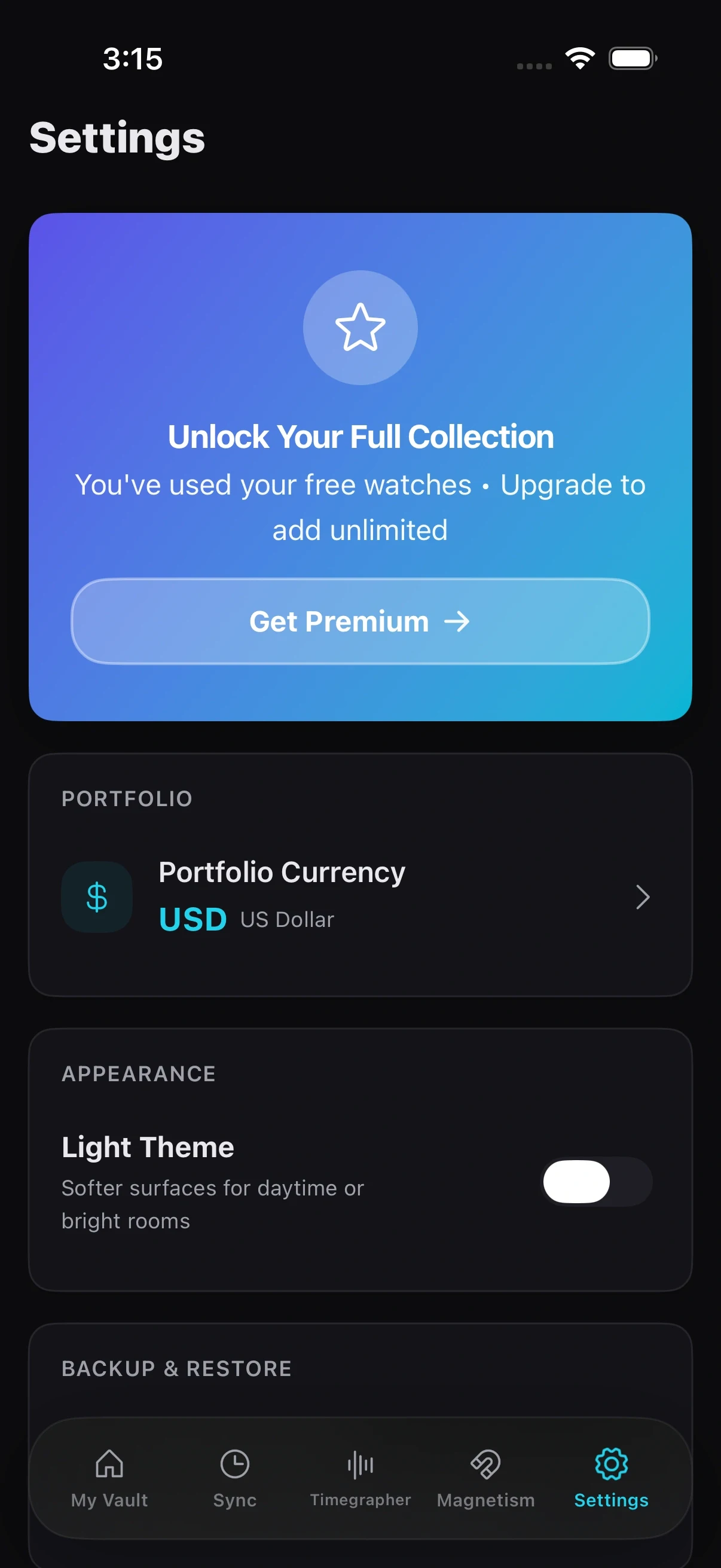 Zen Horology on iPhone: settings, with the portfolio currency, a light theme for bright rooms, backup and restore, and the upgrade that lifts the limit on how many watches you can add