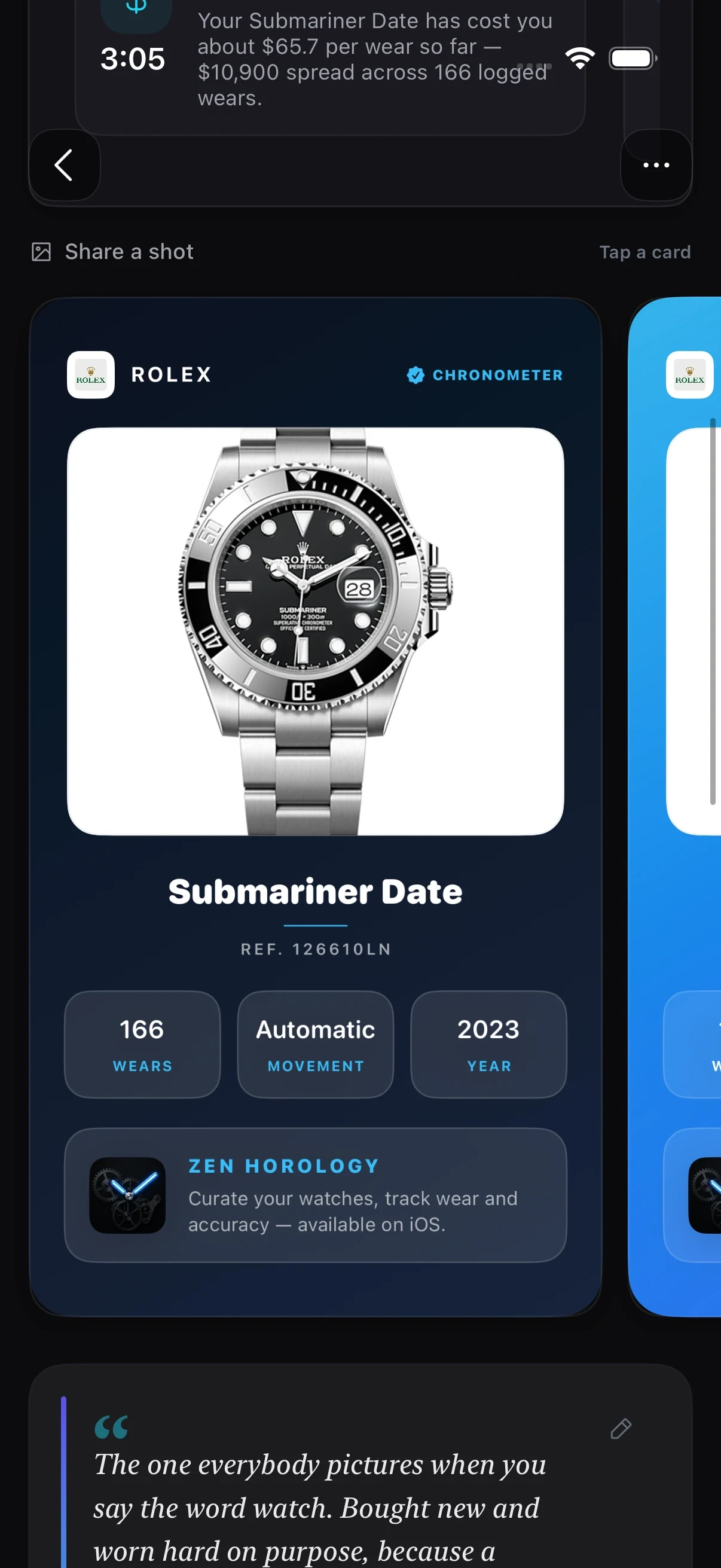 Zen Horology on iPhone: a shareable card built from one watch, with its photo, reference, wear count, movement and year, and the story you wrote about it underneath