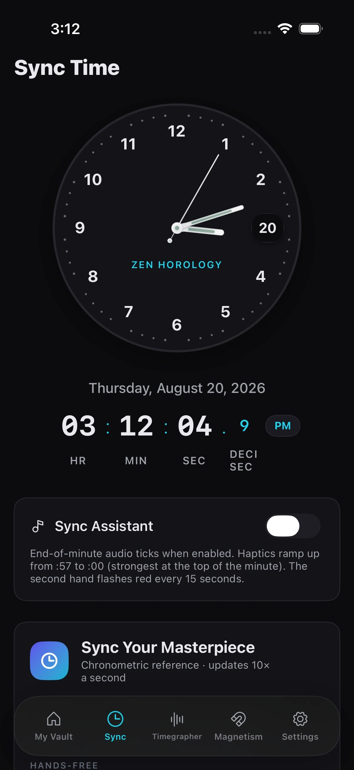 Zen Horology on iPhone: the reference clock, a chronometer dial reading to a tenth of a second, with a sync assistant that ticks and buzzes harder as the minute closes so you can set a watch without looking