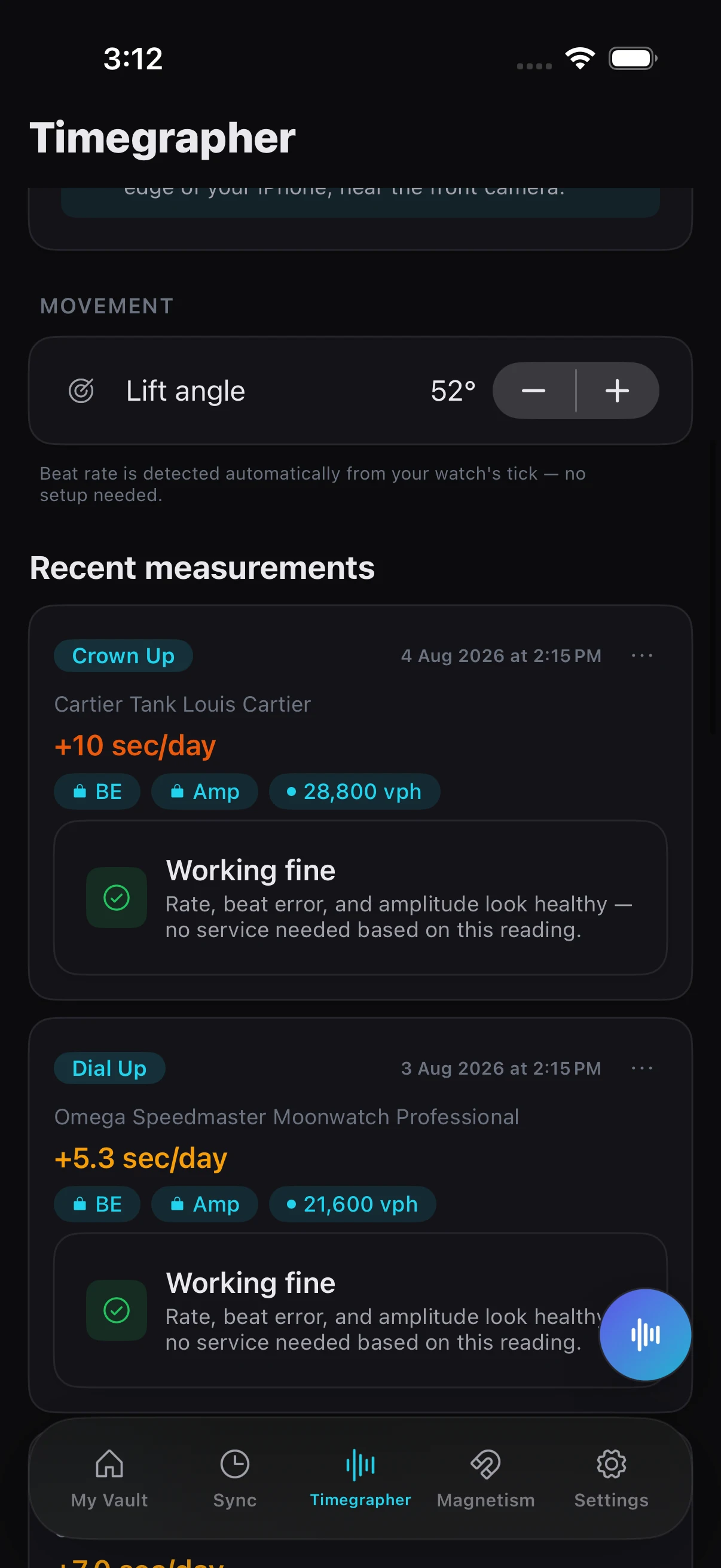 Zen Horology on iPhone: recent timegrapher measurements for different watches and positions, each with its rate, beat rate and a plain reading of whether anything needs a service