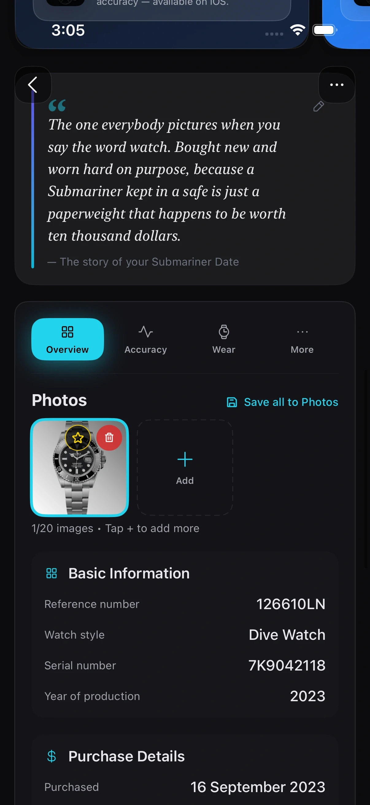 Zen Horology on iPhone: the detail page for a watch, with room for twenty photos, the reference and serial numbers, the style, the year of production and what it cost