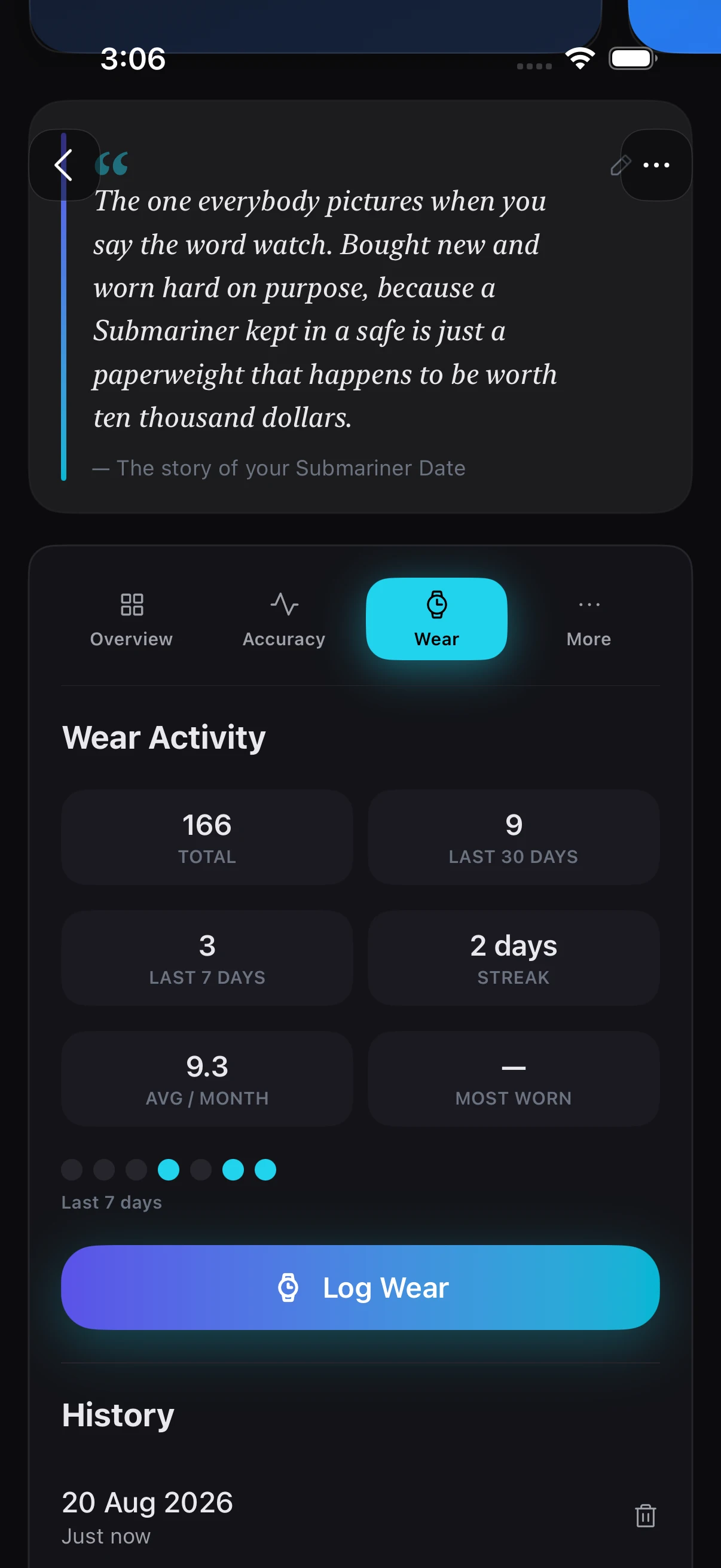 Zen Horology on iPhone: wear activity for one watch, 166 wears in total, nine in the last thirty days, an average of 9.3 a month, and the last seven days as a row of dots