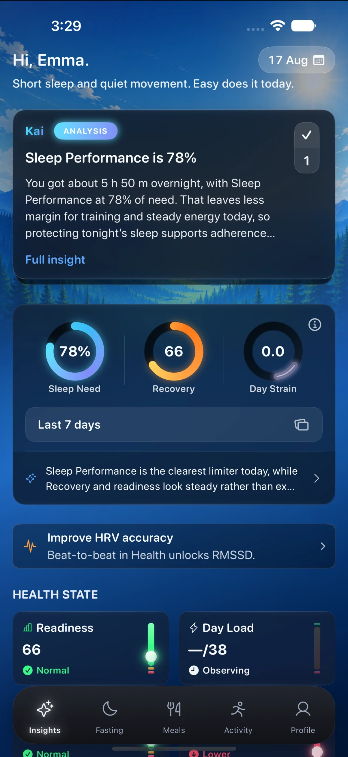 Zen Lean on iPhone: the daily insight, with a written read on sleep performance at 78 per cent and rings for sleep need, recovery and day strain