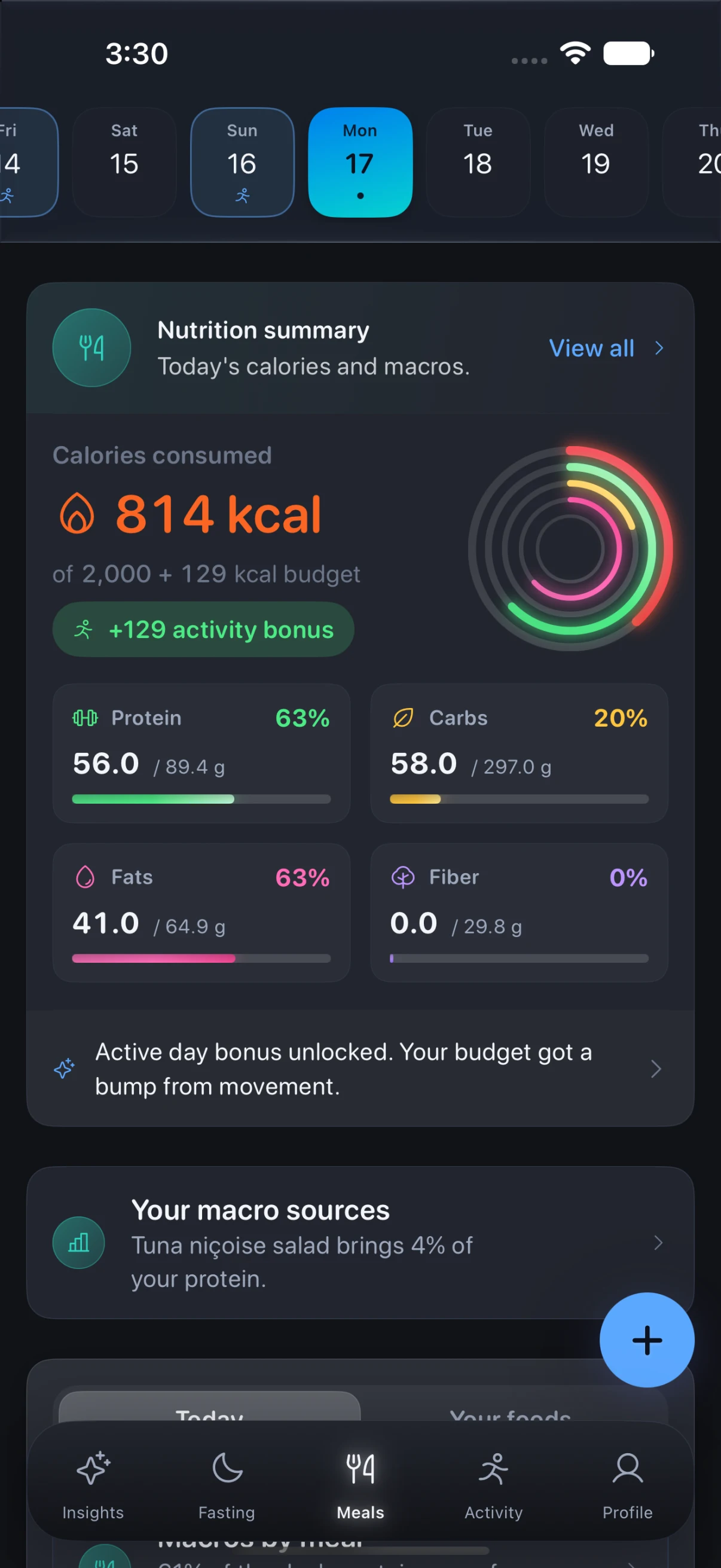 Zen Lean on iPhone: the nutrition summary, 814 calories of a 2,000 budget plus an activity bonus, with protein, carbohydrate, fat and fibre against their targets