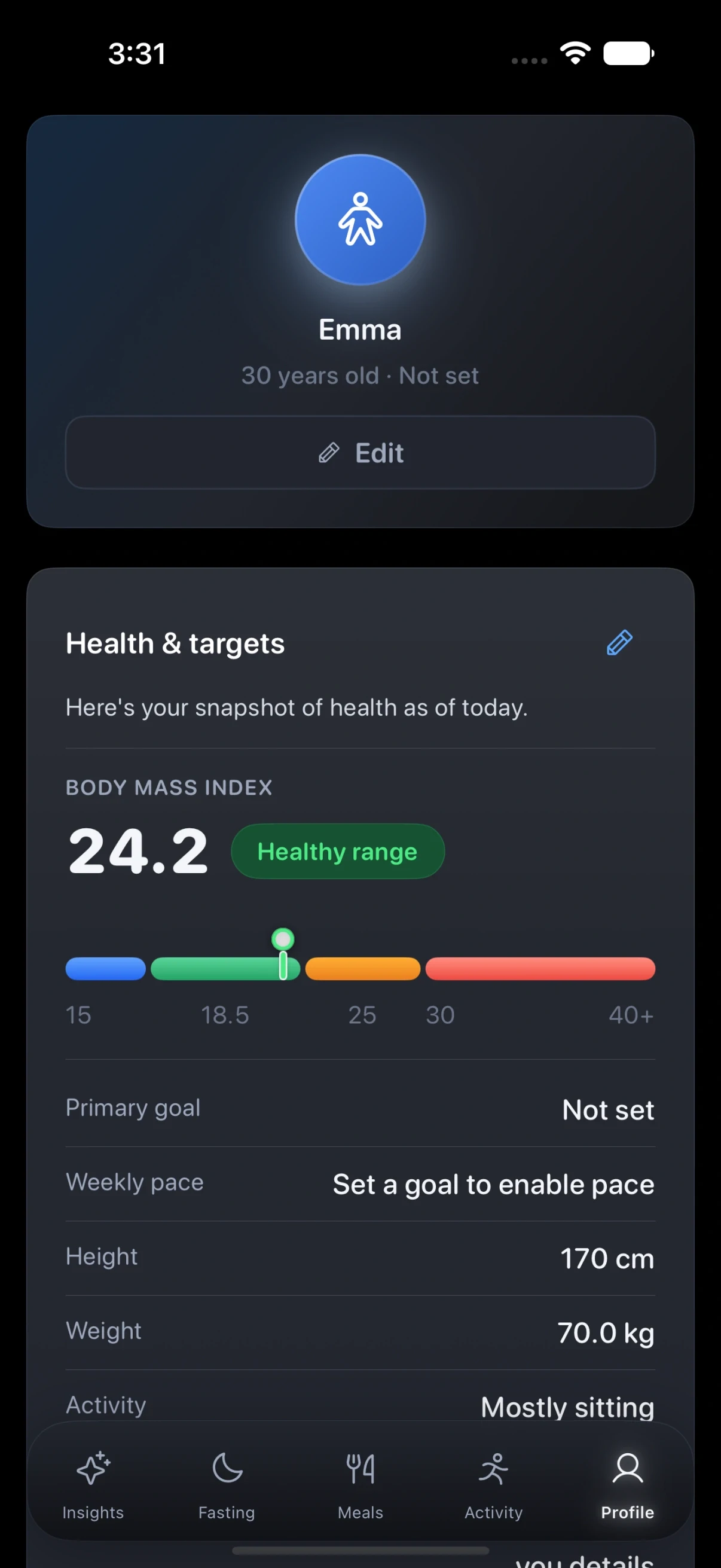 Zen Lean on iPhone: the profile, with body mass index in the healthy range, height and weight, and the goals those targets are shaped by