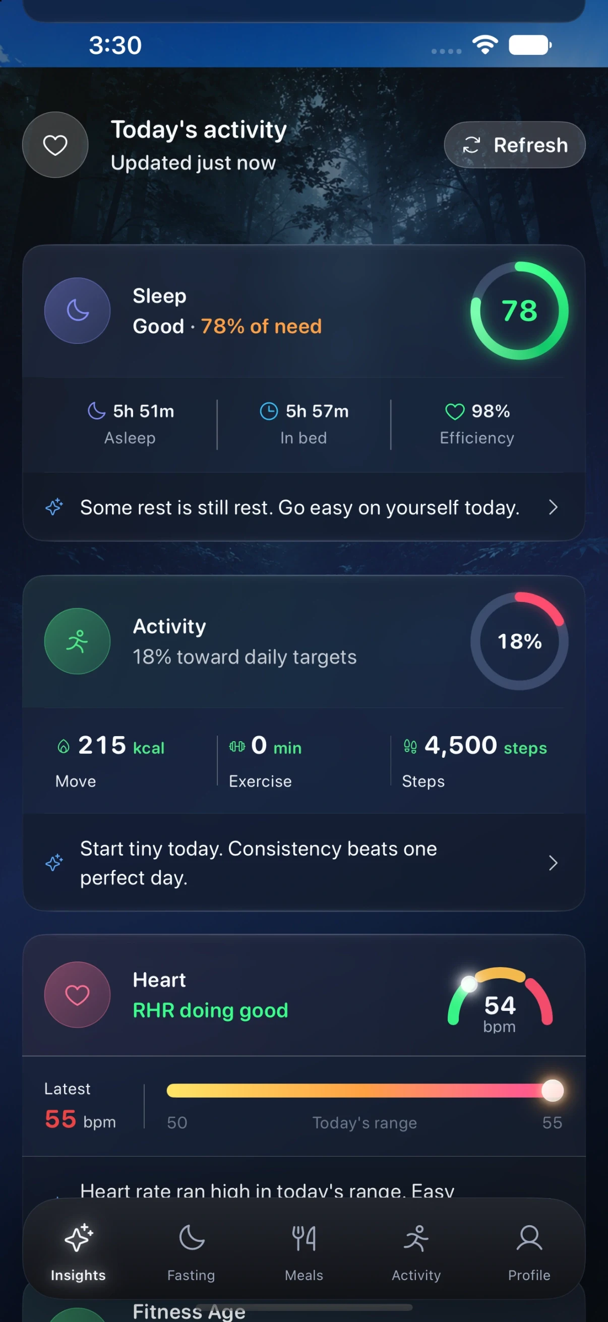 Zen Lean on iPhone: today at a glance, sleep scored 78 with time asleep and efficiency, activity at 18 per cent of target, and resting heart rate