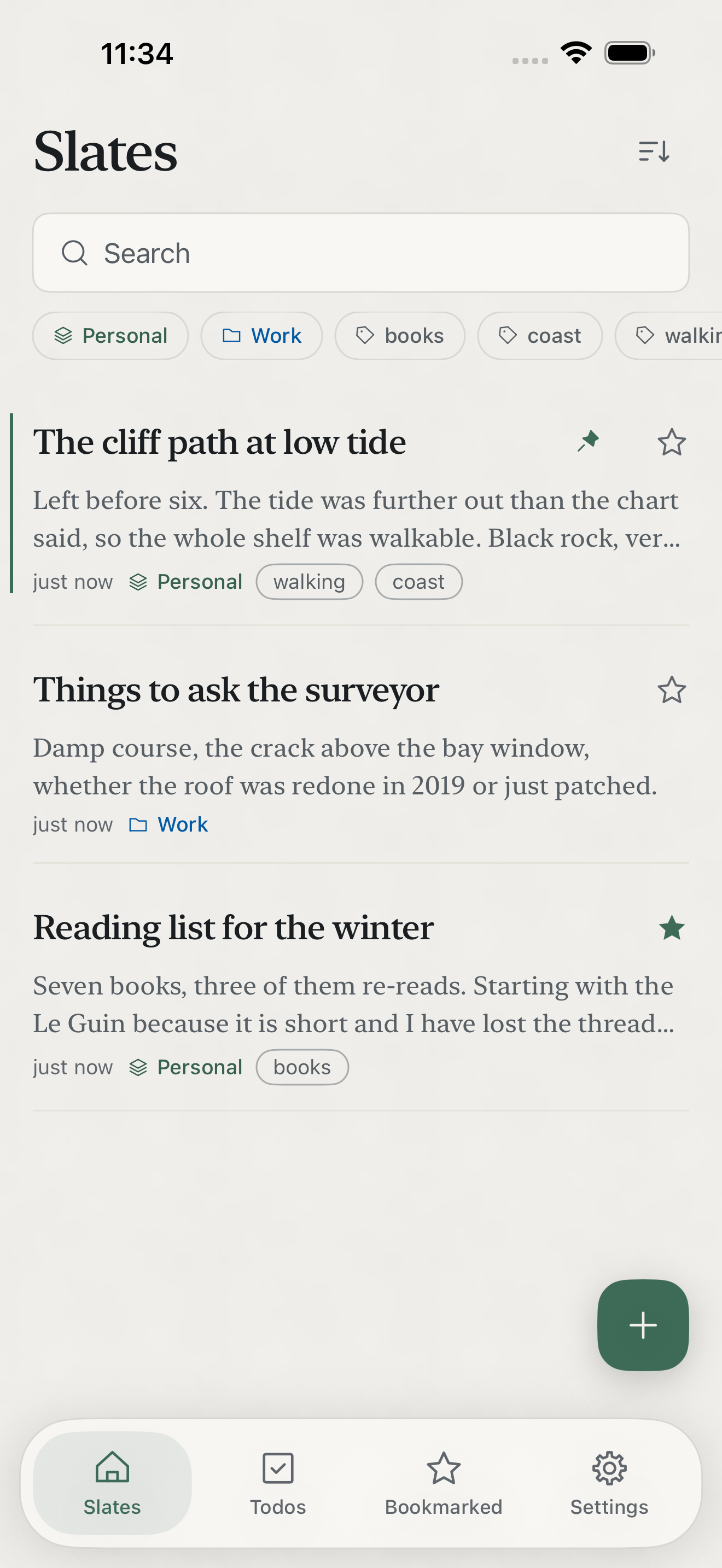 Zen Slate on iPhone: the slate list with search, category and tag filters, and three notes with their tags and timestamps