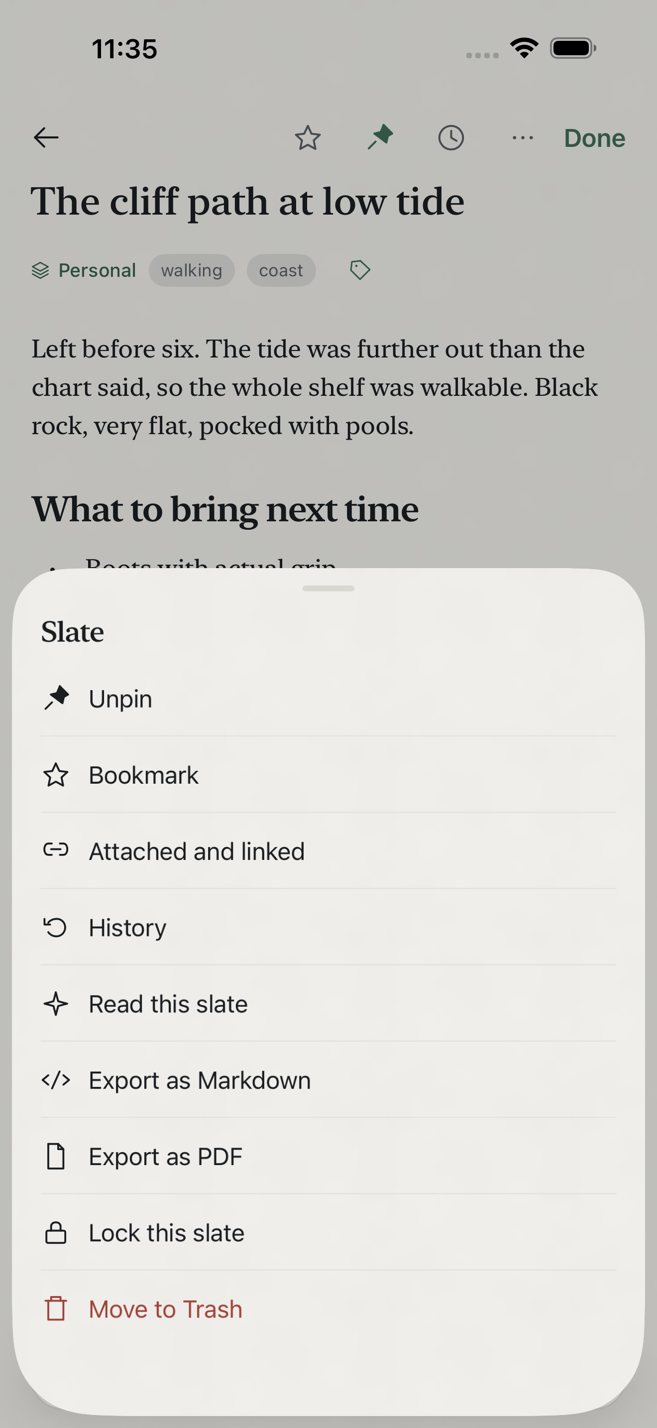 Zen Slate on iPhone: the slate menu, offering bookmark, attached and linked items, history, read aloud, export as Markdown or PDF, and lock