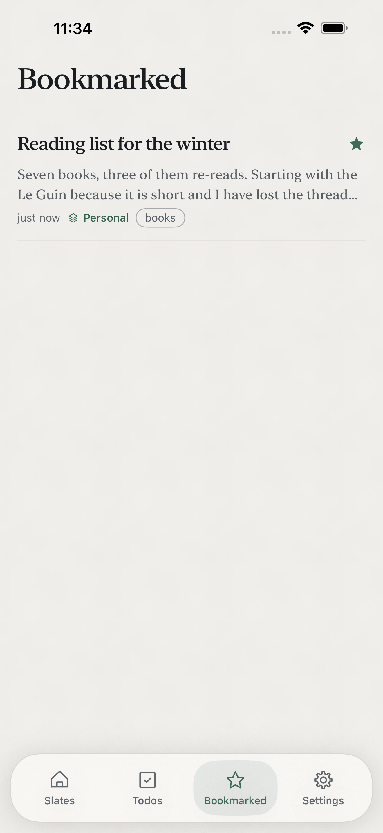Zen Slate on iPhone: the bookmarked view, showing the one starred note