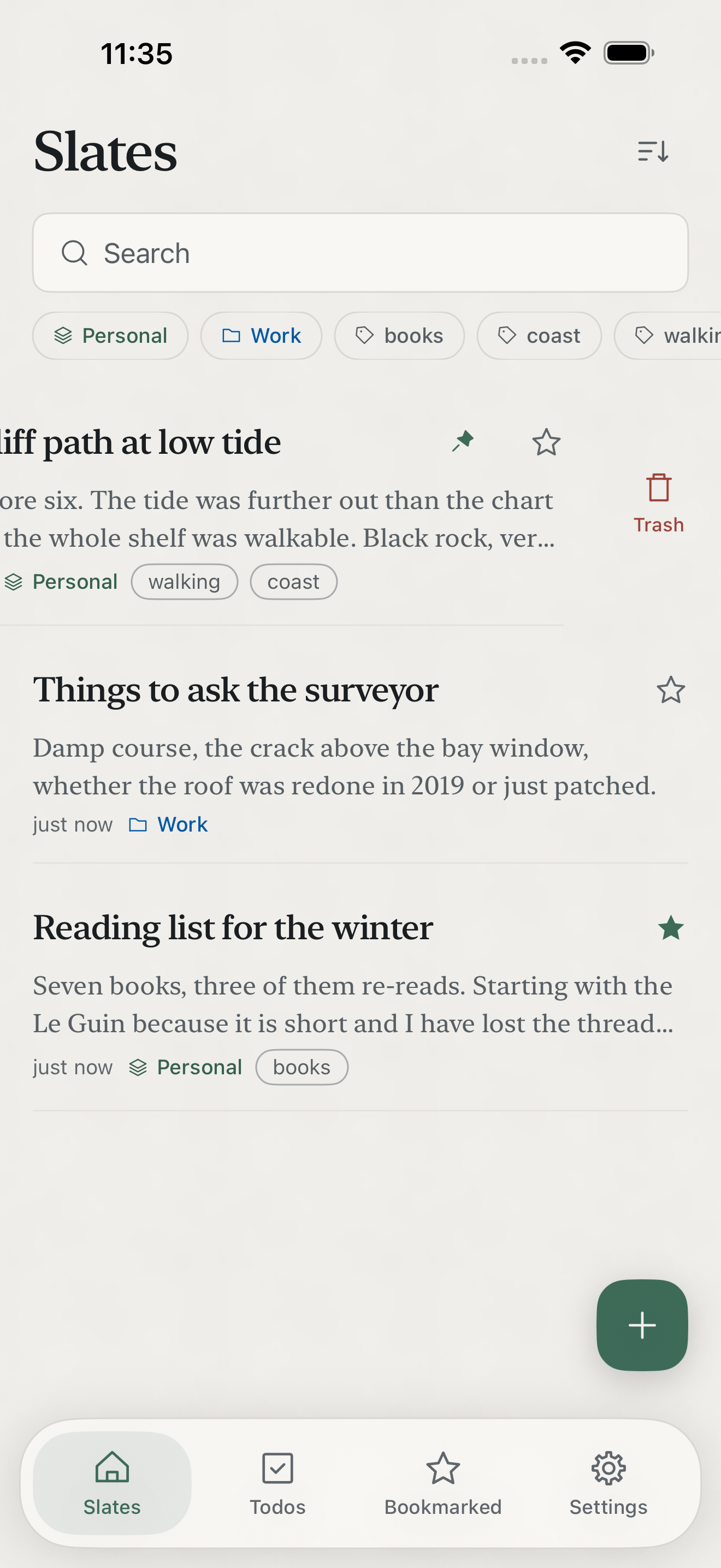 Zen Slate on iPhone: swiping a slate to reveal pin, star and trash actions