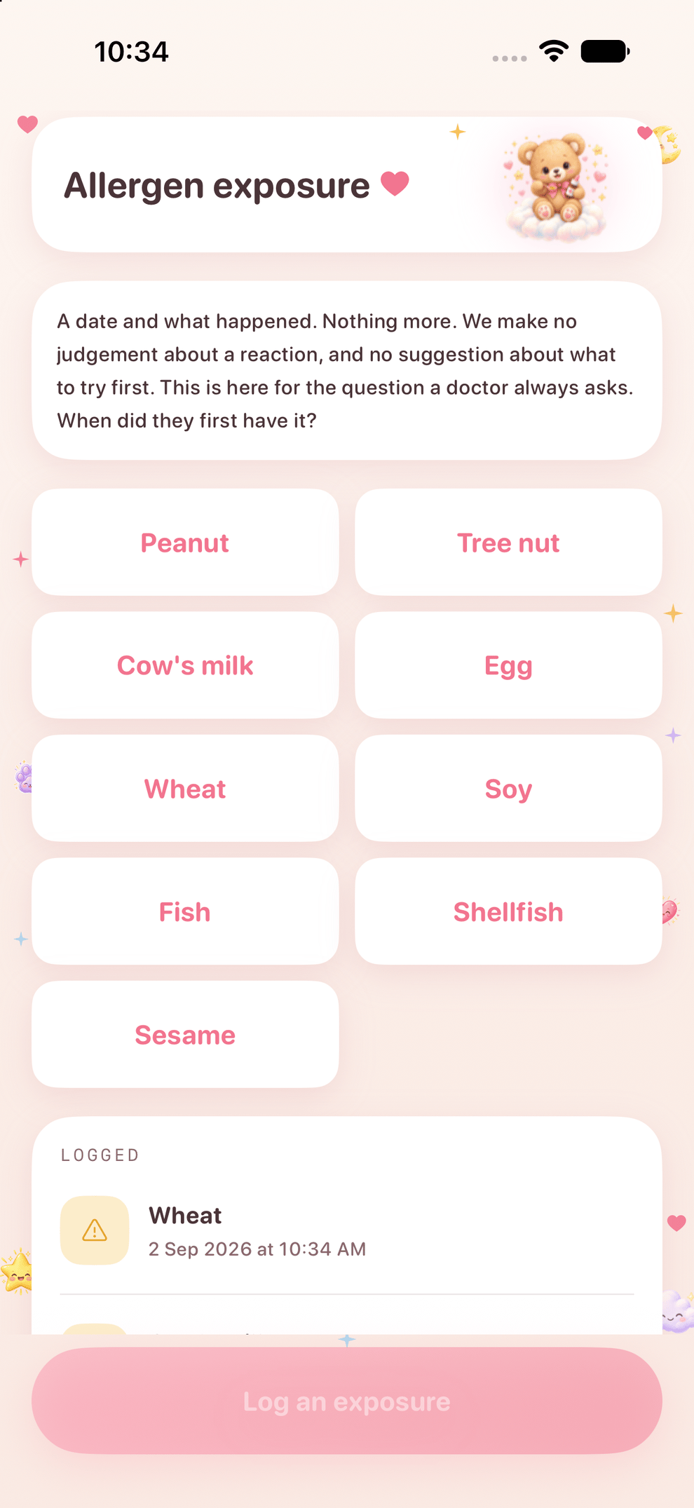 Zen Otto on iPhone: logging an allergen exposure, with first foods to choose from including peanut, cow's milk, egg, wheat, soy, fish and sesame, and wheat already logged