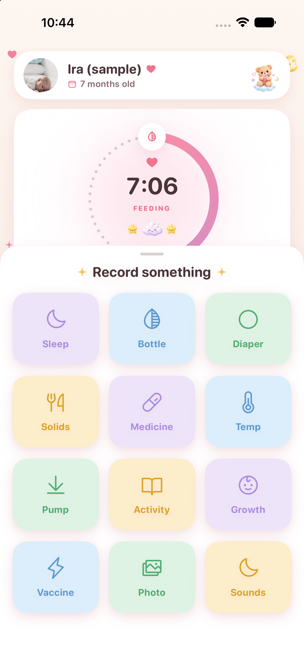 Zen Otto on iPhone: the record panel, a grid of what can be logged: sleep, bottle, diaper, solids, medicine, temperature, pumping, activity, growth, vaccine, photo and sounds