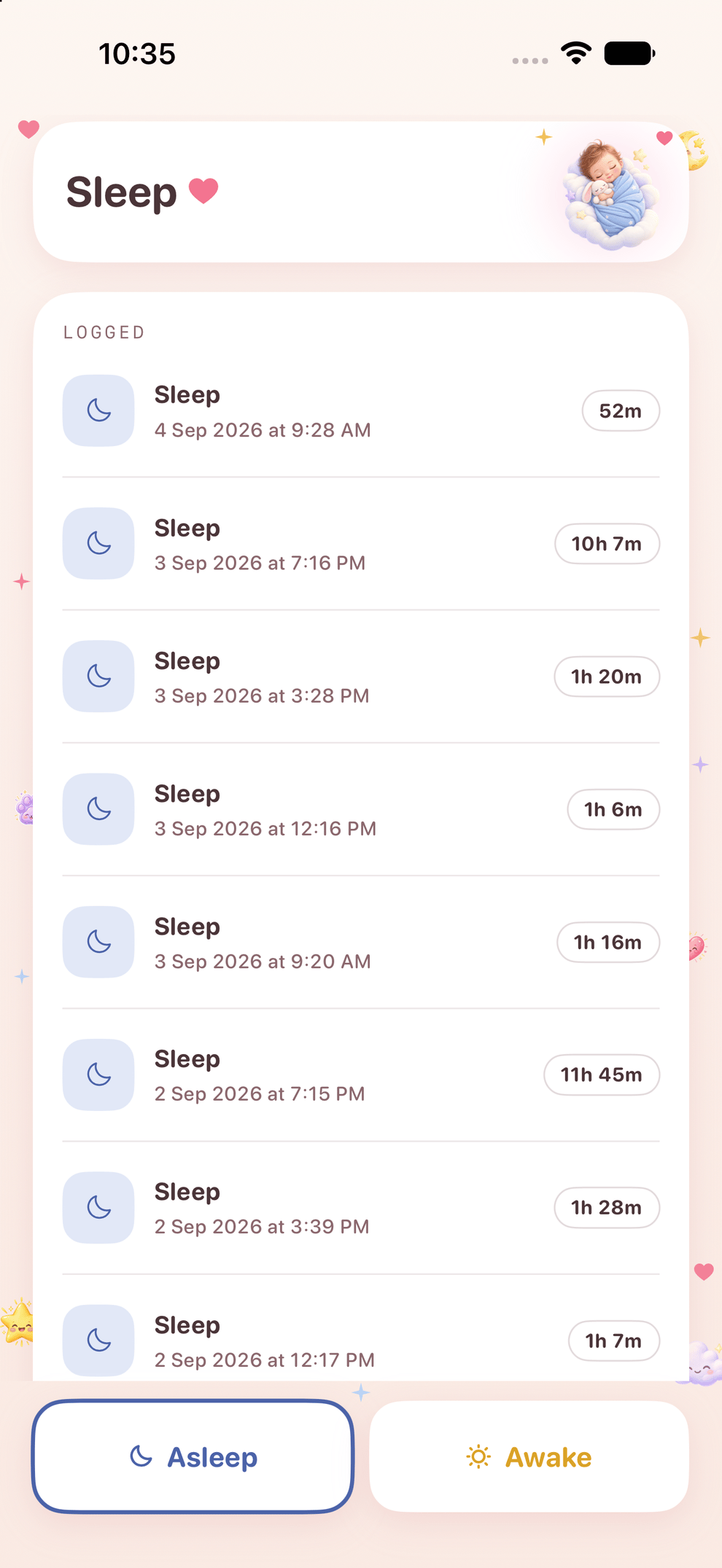 Zen Otto on iPhone: the sleep log, a list of sleeps with the date, the time they started and how long each one lasted, and an asleep or awake switch