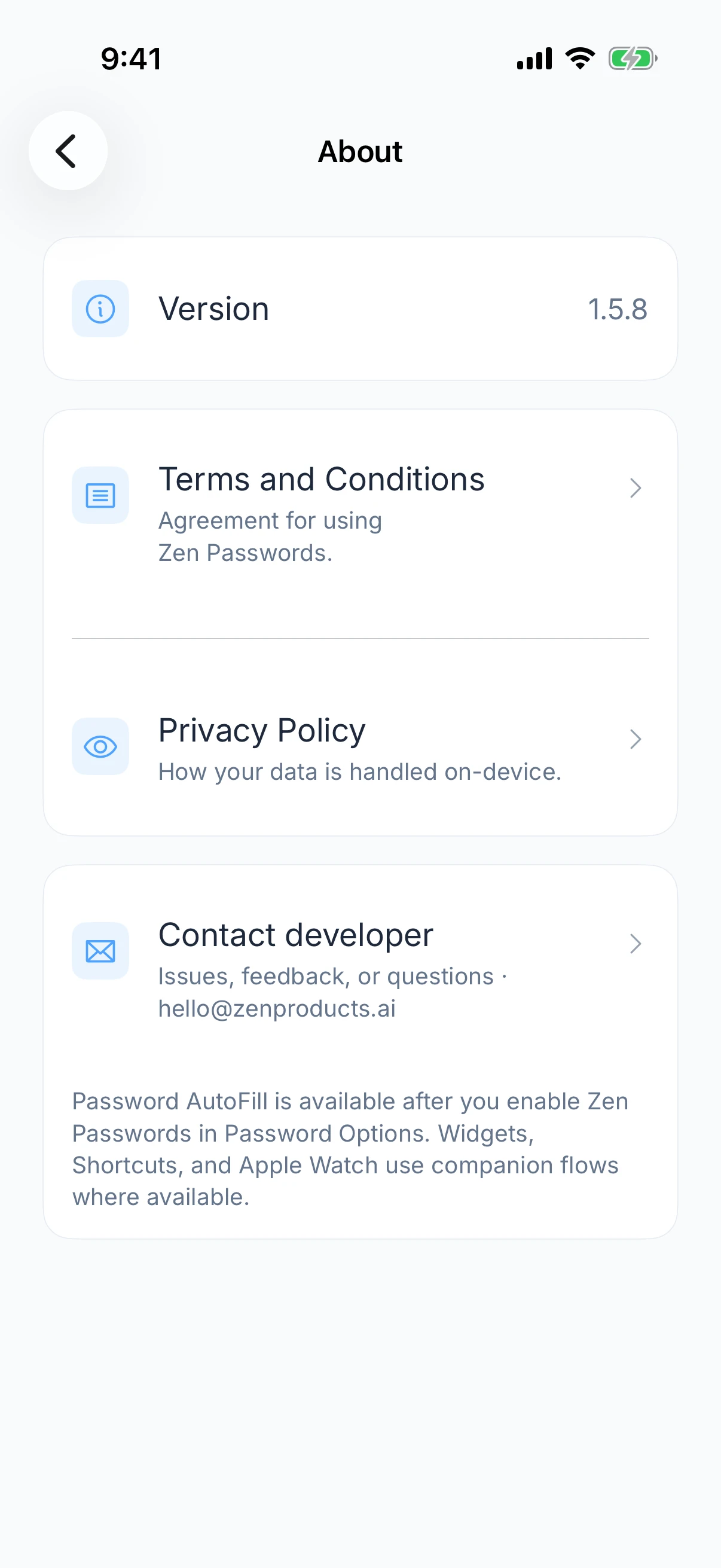 Zen Passwords on iPhone: the about page, showing the version, terms, privacy policy and a way to contact the developer