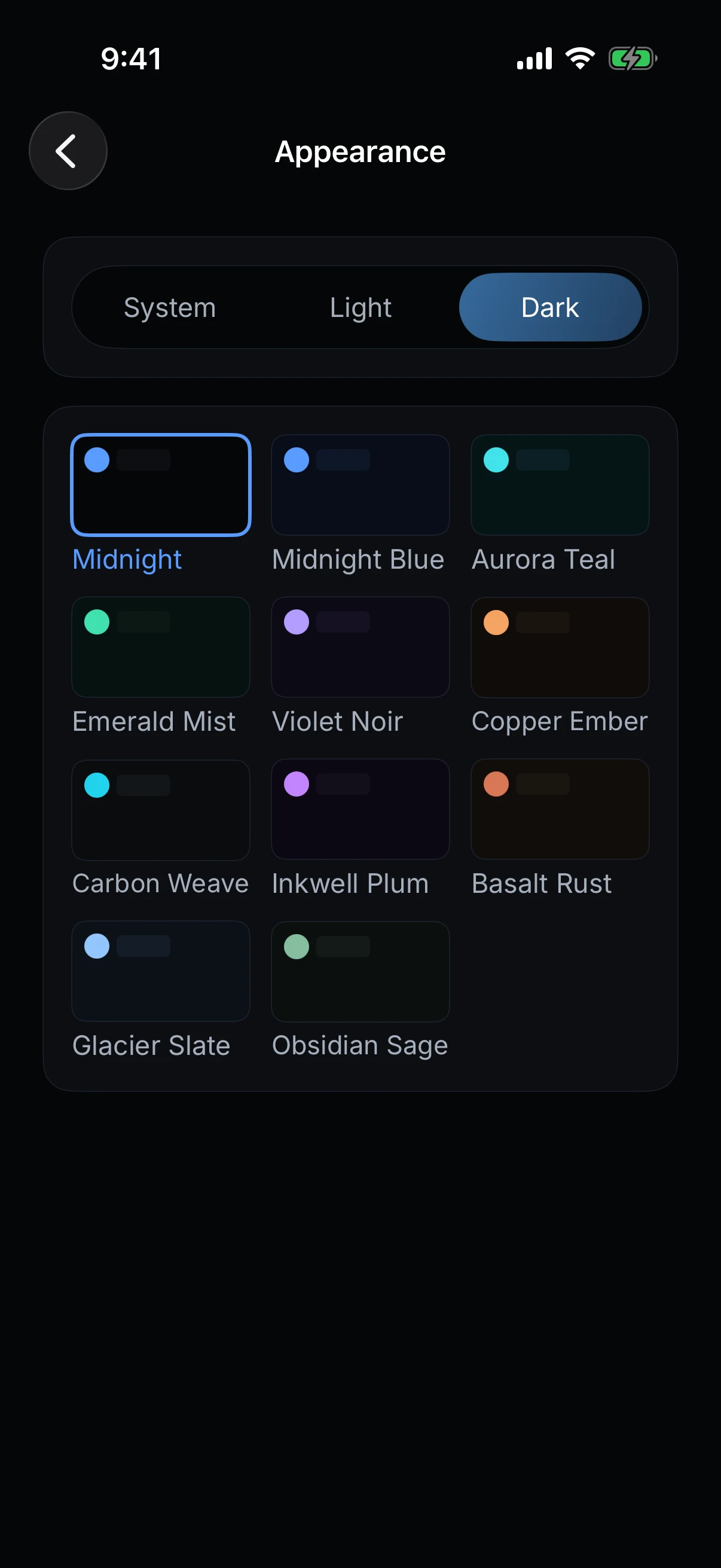 Zen Passwords on iPhone: appearance set to dark, with eleven dark themes including Midnight, Aurora Teal and Obsidian Sage