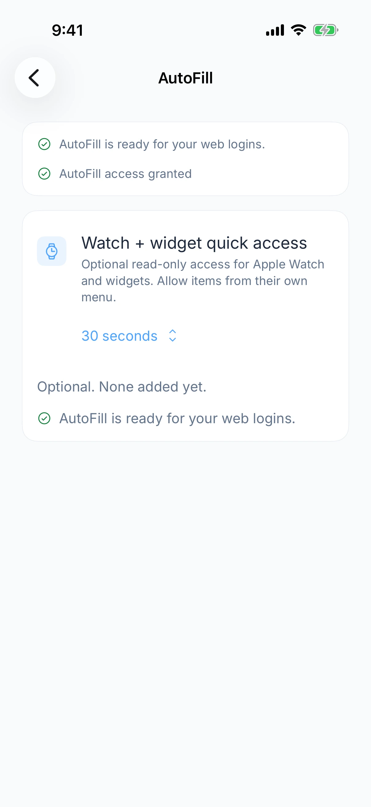 Zen Passwords on iPhone: AutoFill settings, confirming it is ready for web logins and access is granted, with optional read-only access for an Apple Watch and widgets